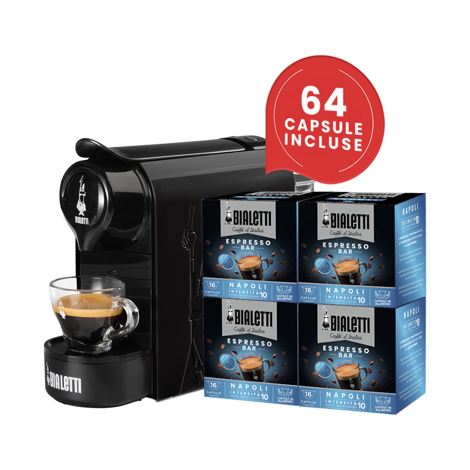 Macchina da caffè nera con tazzina da espresso, 4 pacchi di caffè e sigillo rosso con 64 capsule.