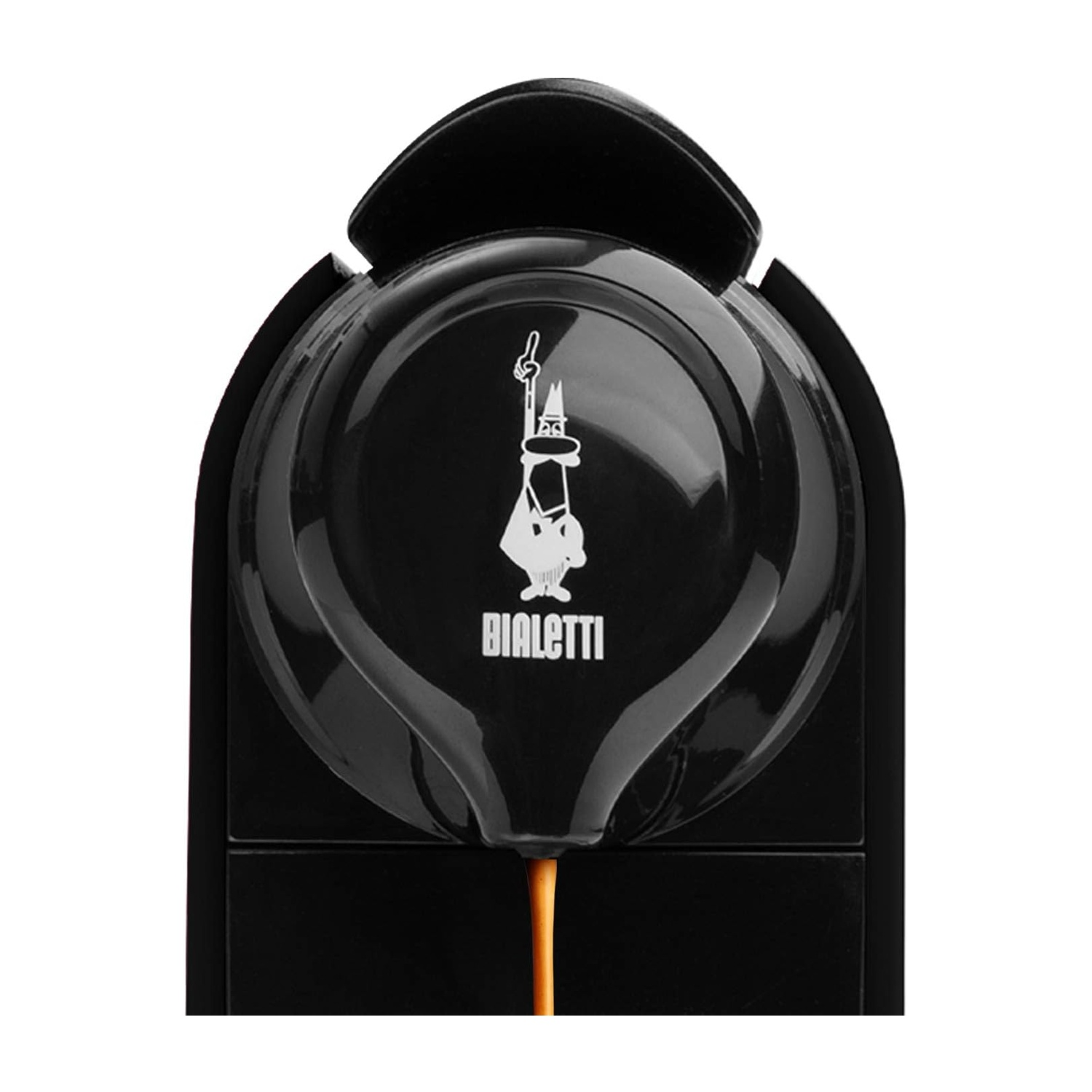 Una macchina da caffè nera con il logo Bialetti che versa caffè.