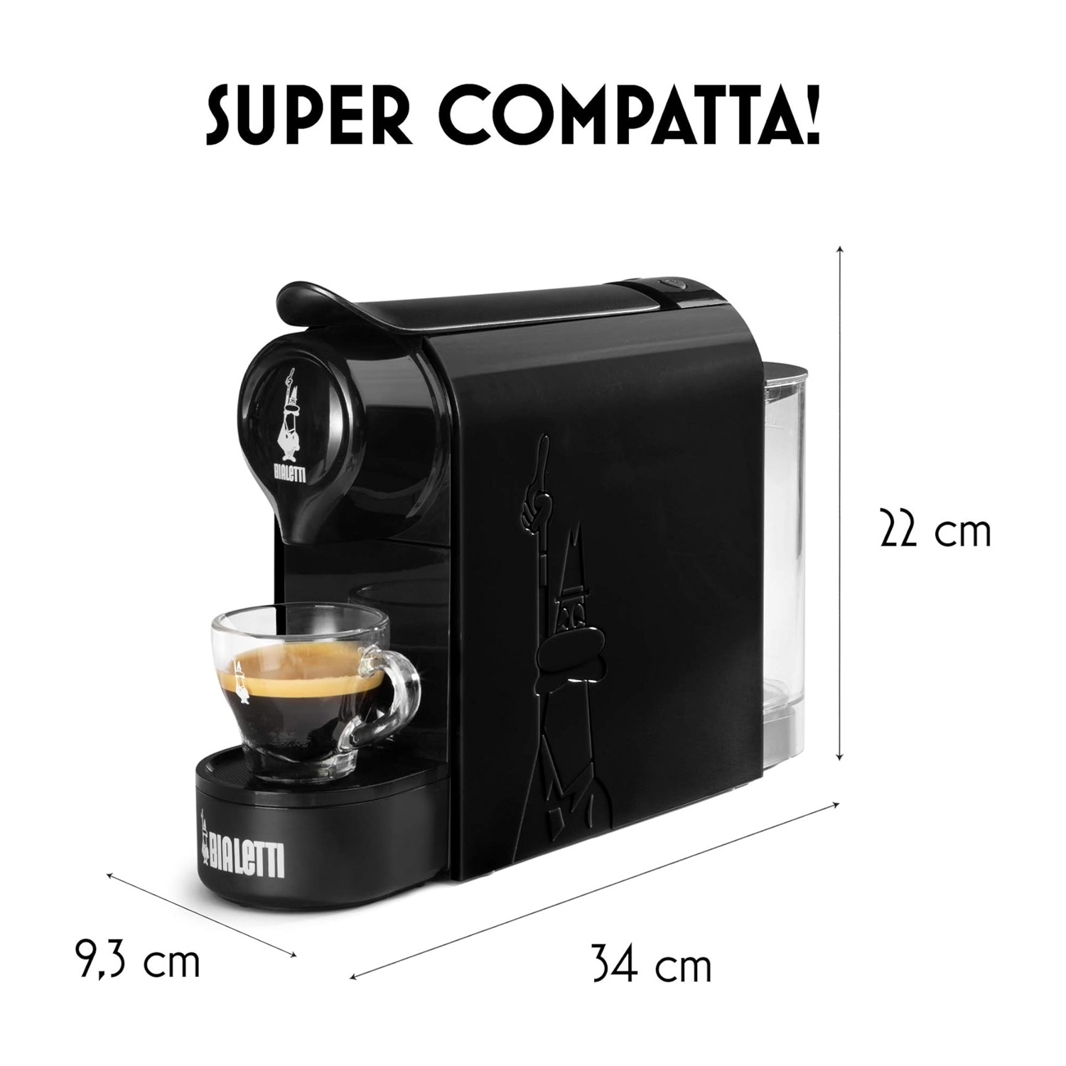 Macchina da caffè nera con tazzina da espresso. Dimensioni 9,3x34x22 cm.