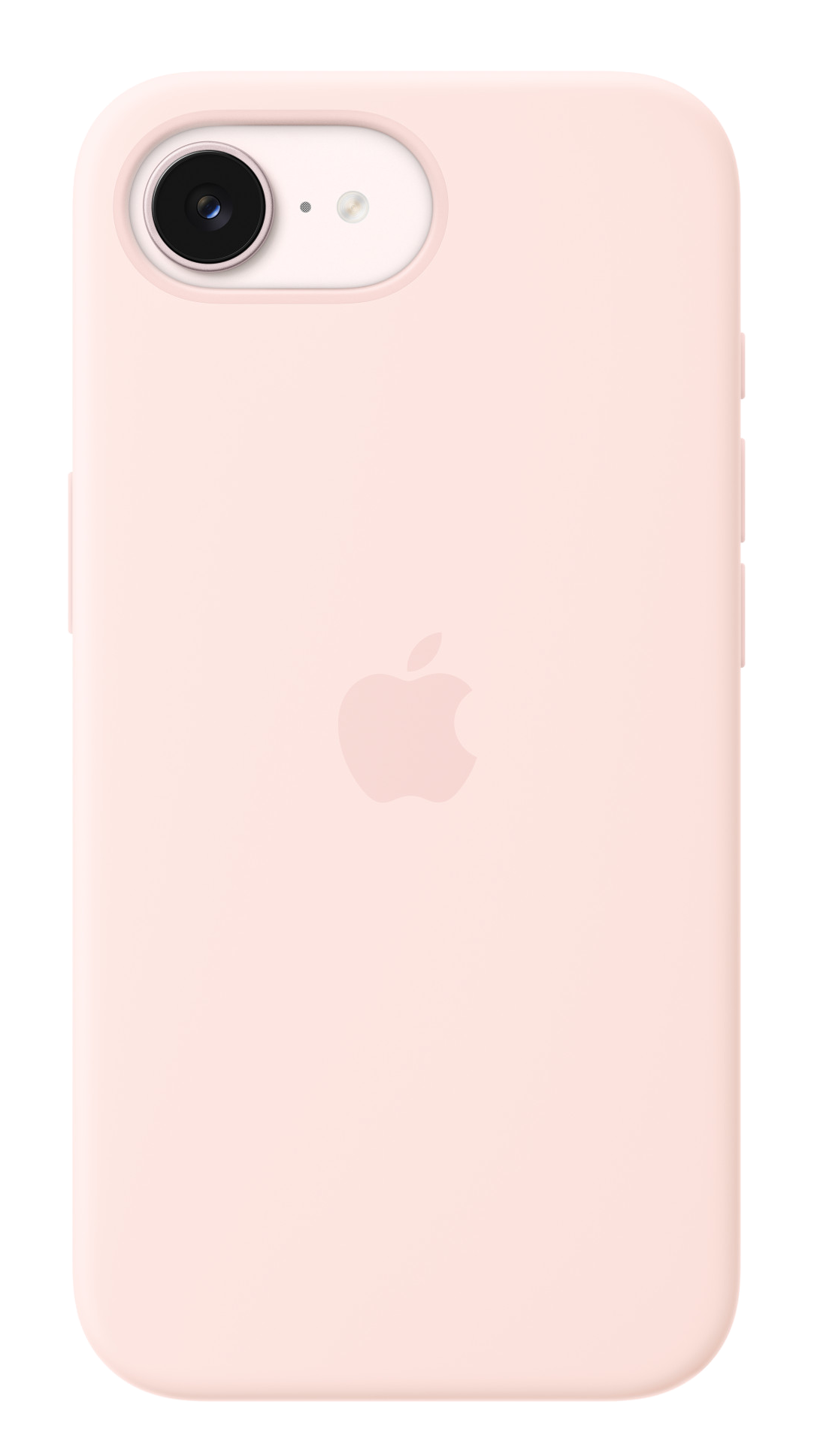 Jasnoróżowe etui na iPhone z obiektywem aparatu i logo Apple.