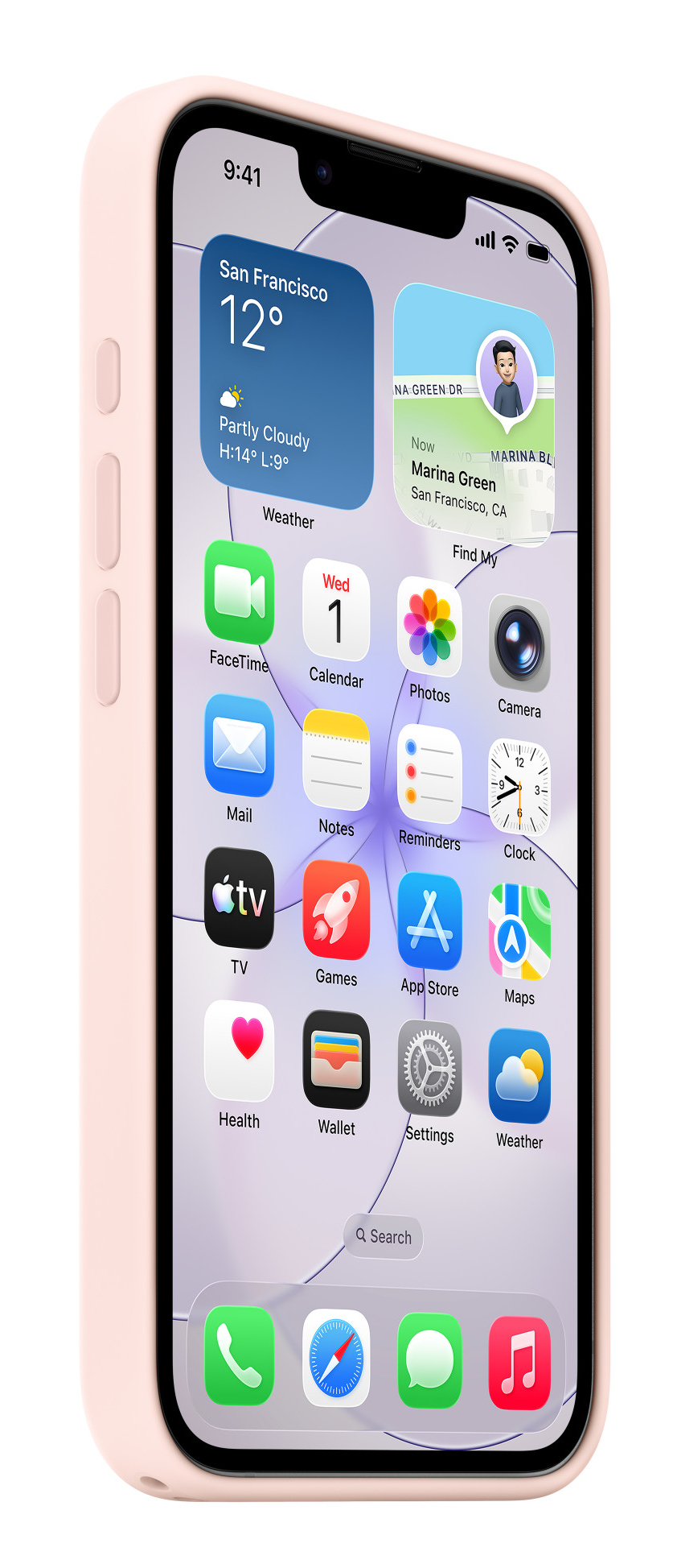 Jasnoróżowy iPhone wyświetlający ekran blokady z widżetami pogody.