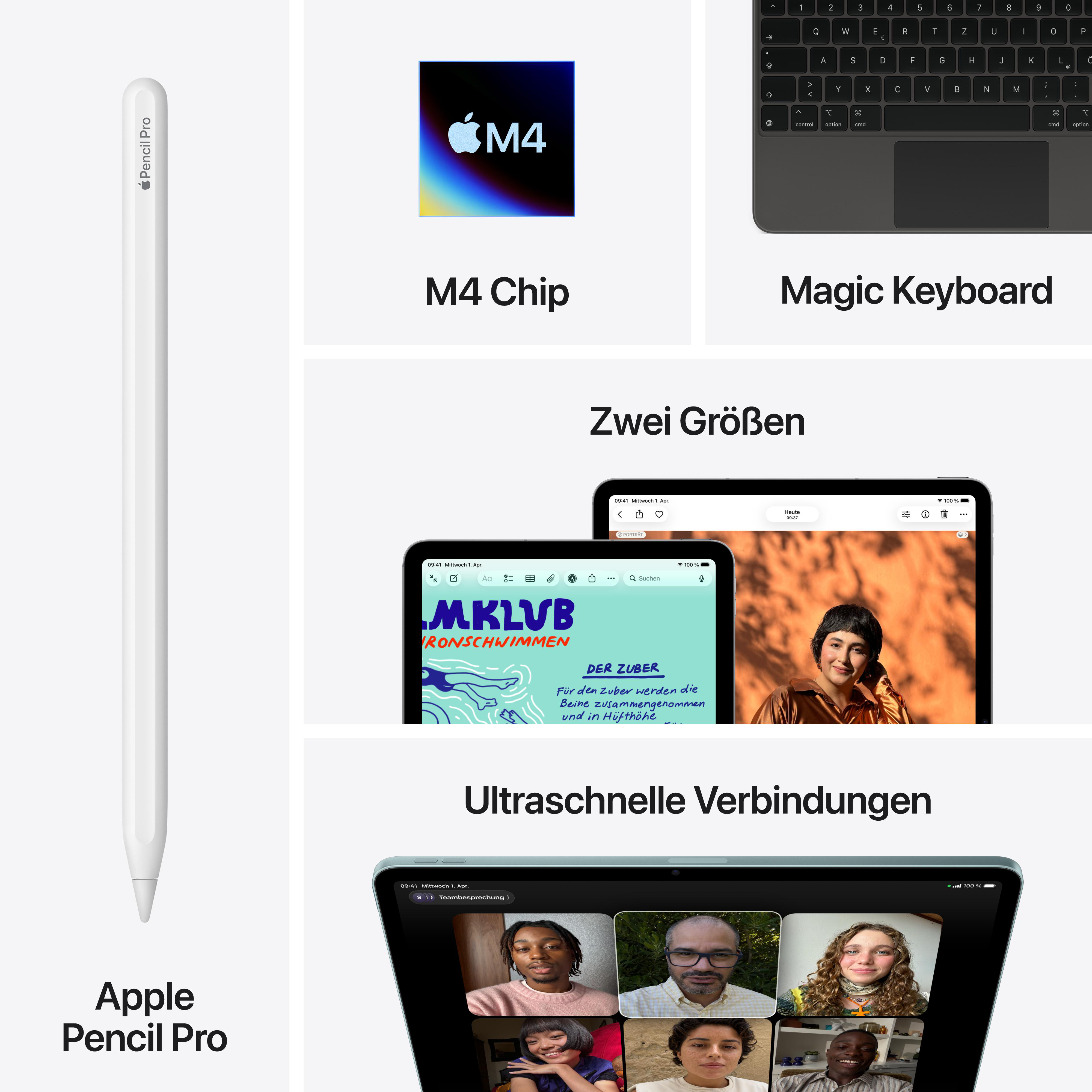Ein weißer Apple Pencil Pro, M4 Chip, Magic Keyboard und Tablets mit Videocalls.