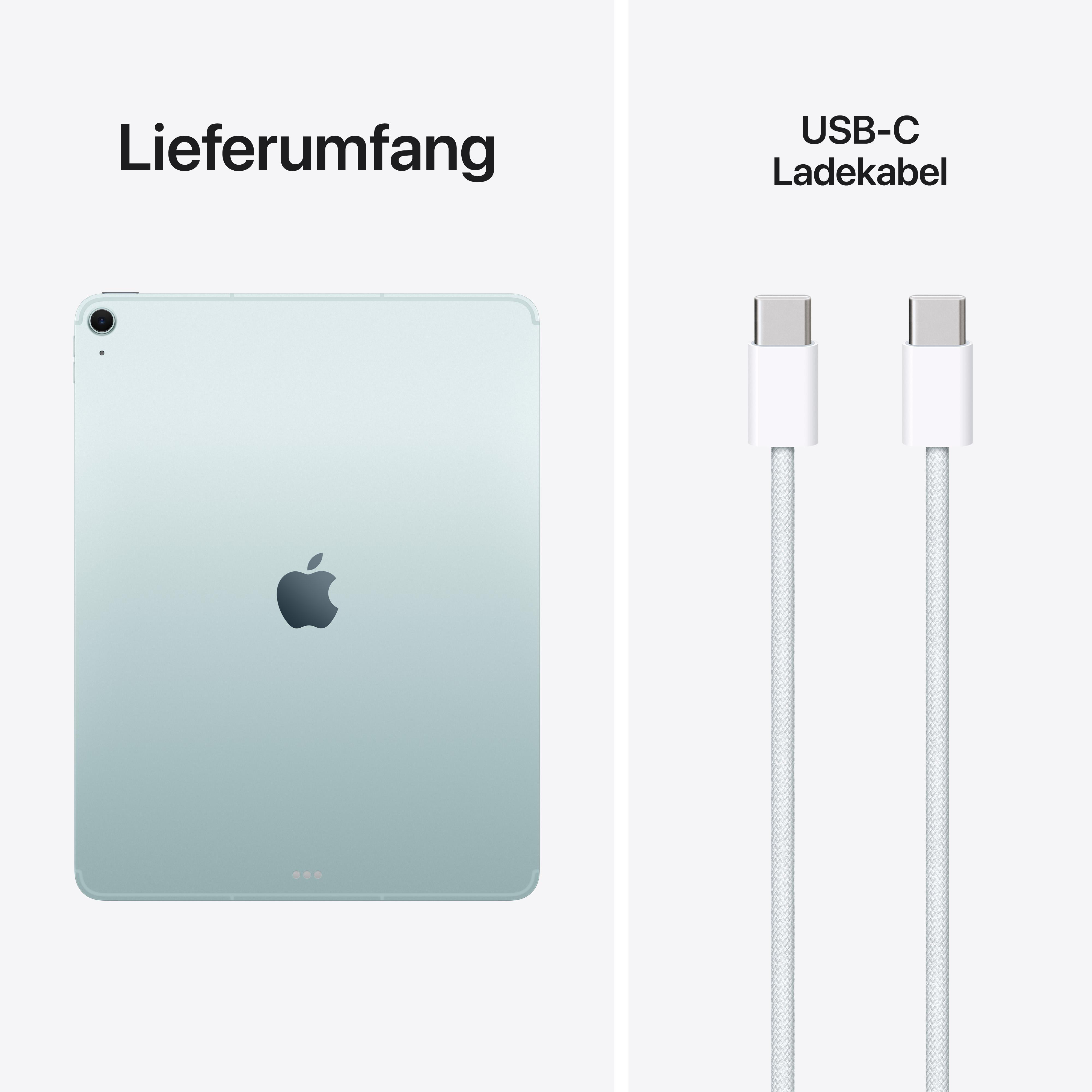 Ein hellgrünes iPad und zwei weiße USB-C-Ladekabel auf weißem Hintergrund.