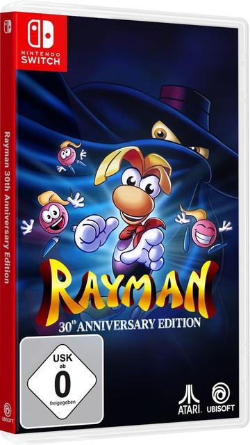 Rayman 30th Anniversary Edition Nintendo Switch Hülle mit Rayman und kleinen lila Wesen.