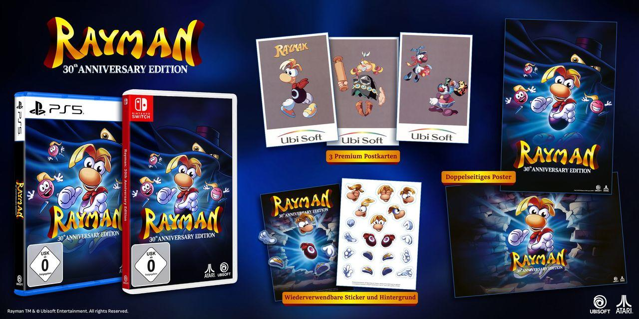 Rayman 30th Anniversary Edition: Spielehüllen, Postkarten, Sticker und Poster.