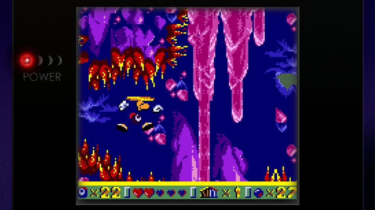 Pixel-Art-Spielszene: Blauer Himmel mit lila Felsen und roten Pflanzen.