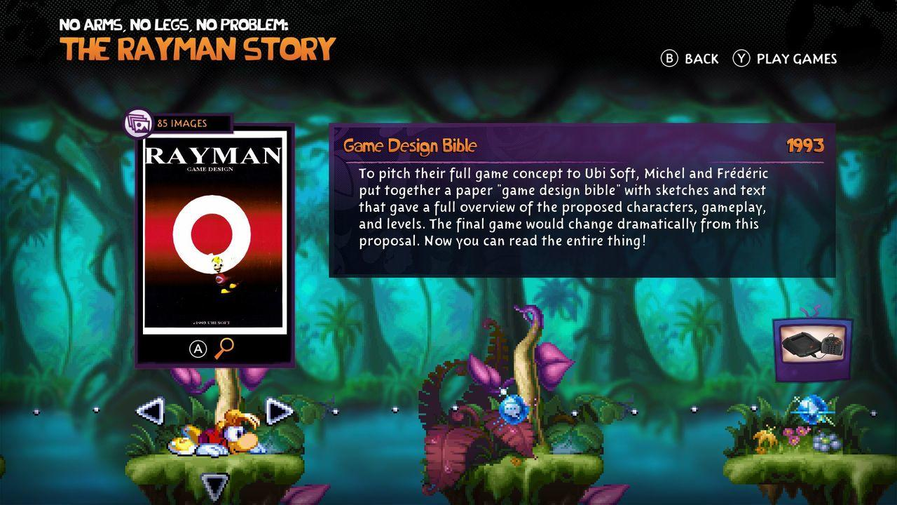 Spielmenü mit Rayman-Cover, Textbeschreibung und Spielwelt. Steuerelemente sind sichtbar.