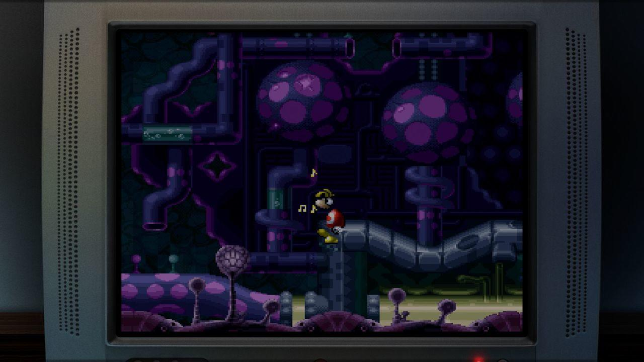 Rayman steht auf einer Plattform in einer lila Welt mit großen Pilzen und Rohren.