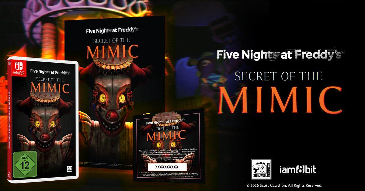 Ein Nintendo Switch Spielcover und ein Gutschein für Five Nights at Freddy's: Secret of the Mimic.