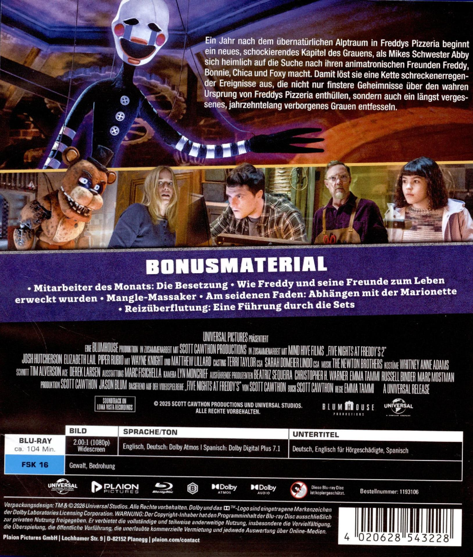 Poster für Five Nights at Freddy's mit Freddy, Marionette & Darstellern.