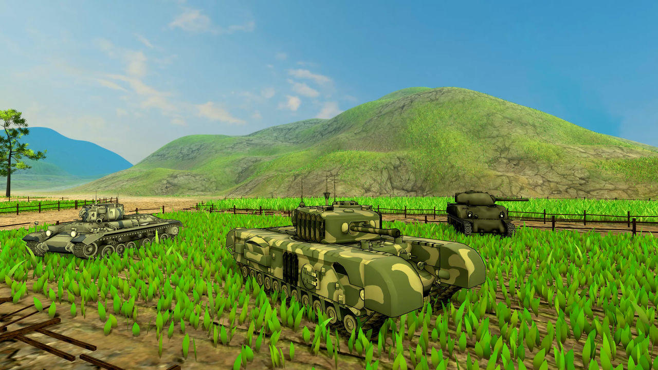 Drei Kampfpanzer stehen auf einem Feld mit grünem Gras unter einem blauen Himmel.
