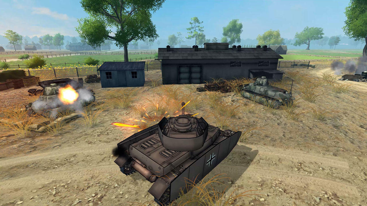 Ein Kriegsszenario mit Panzern, Explosionen und Gebäuden.