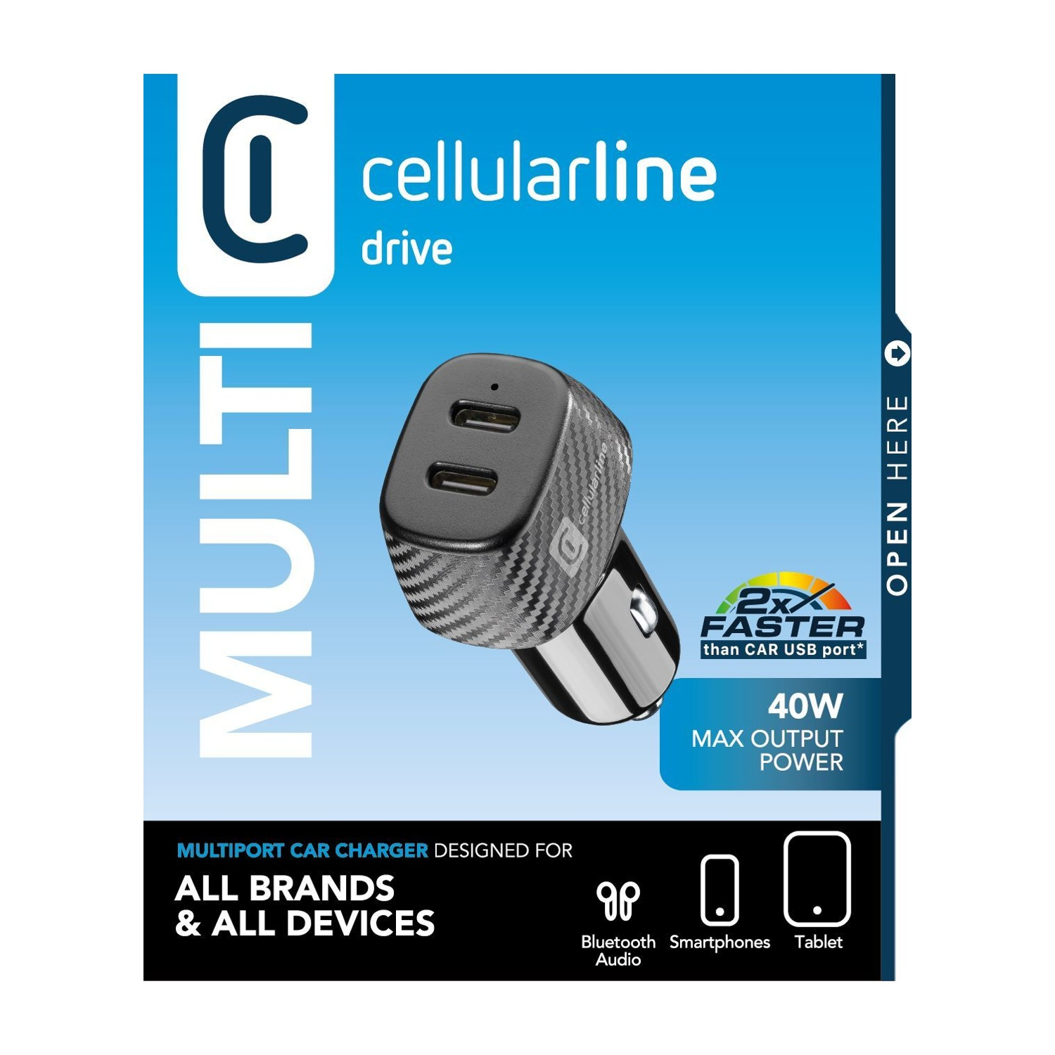 Caricatore auto USB dual-port 40W Cellularline, look carbonio, 2x più veloce.