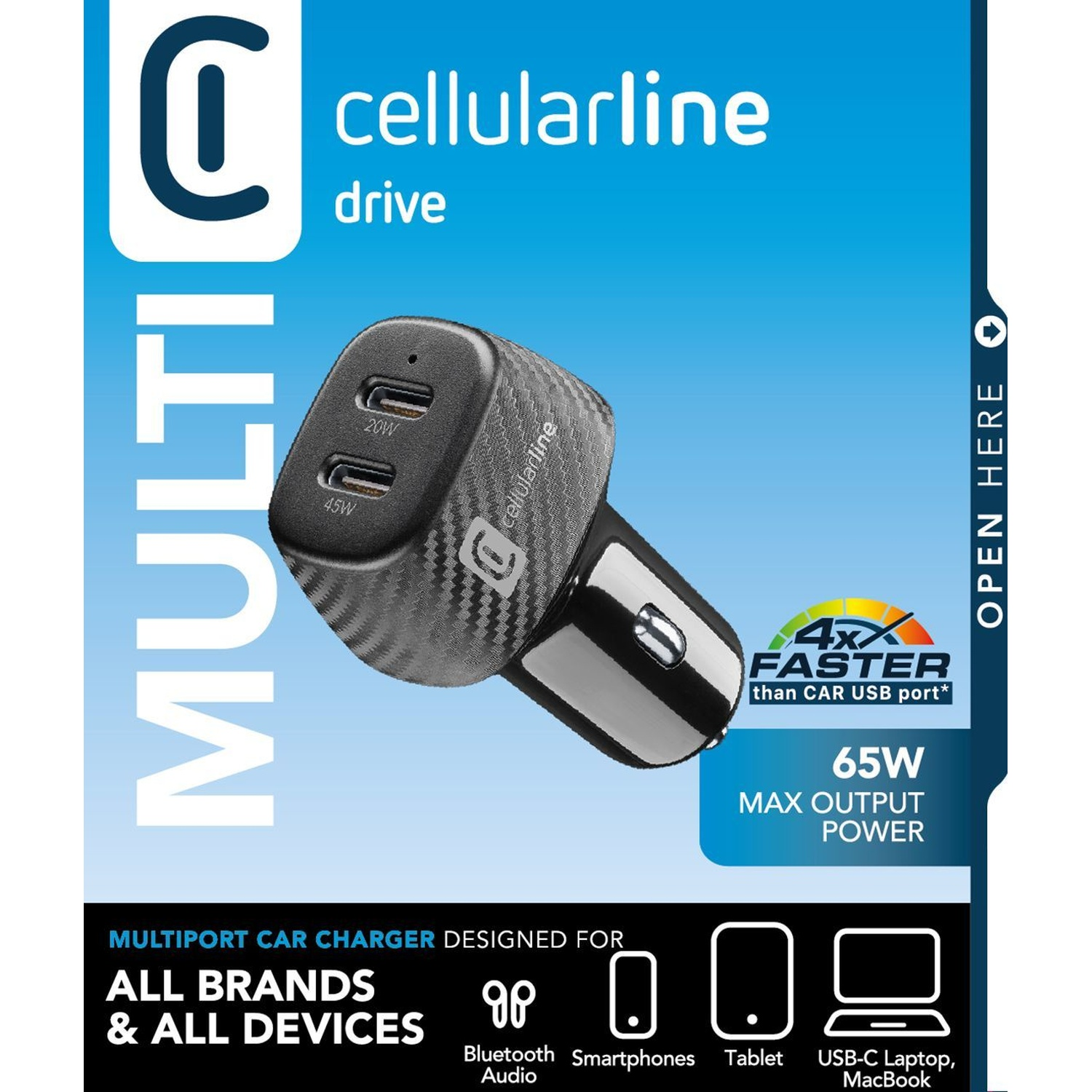 Caricabatterie auto multiport Cellularline con due porte USB-C, 65W max.