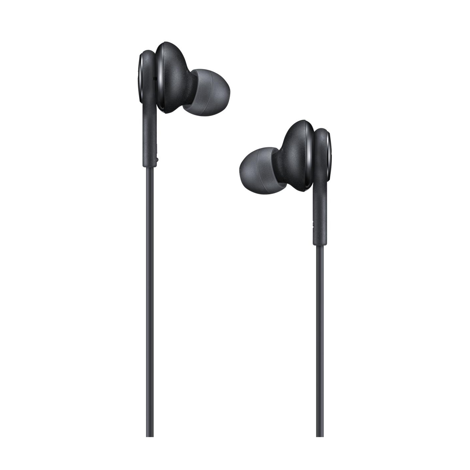 Auricolari in-ear neri con cavo, su sfondo bianco.