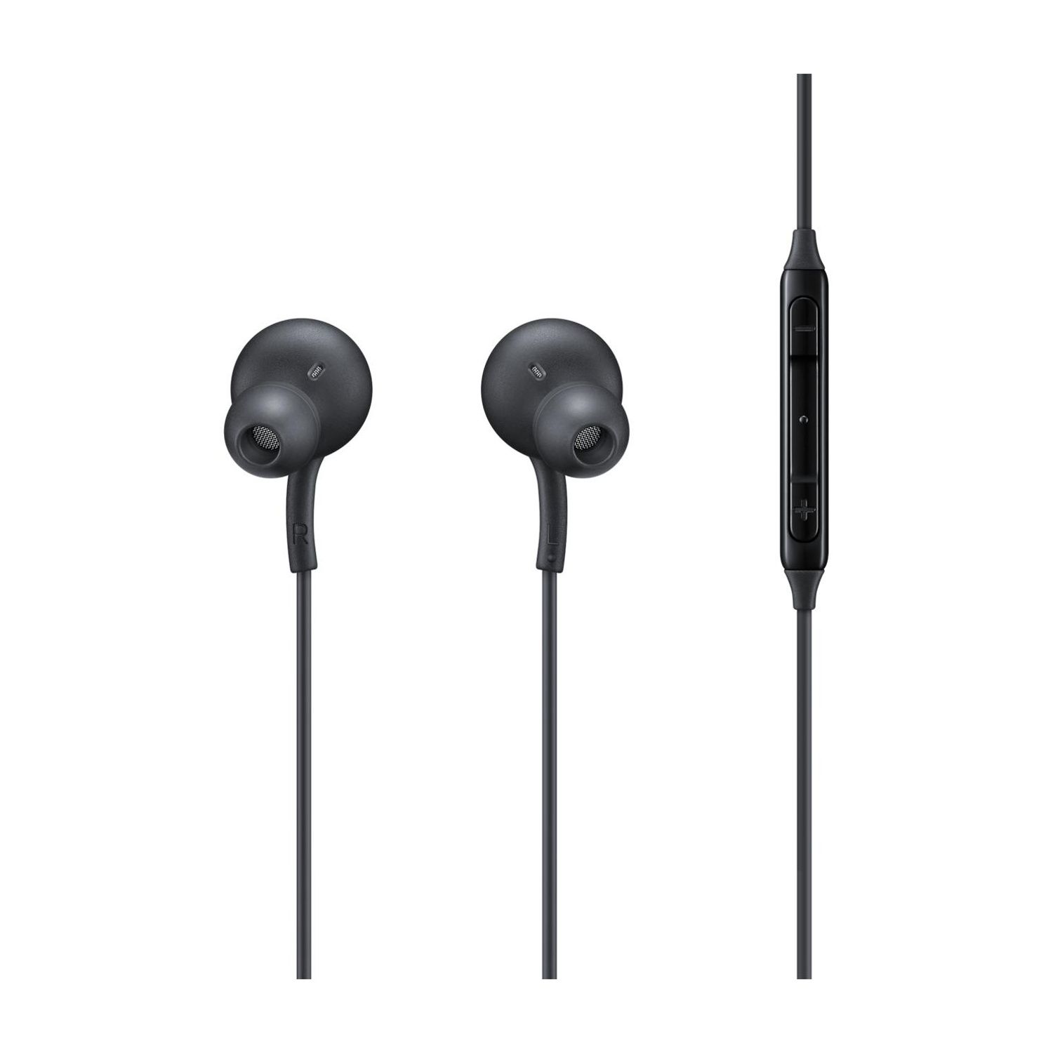 Auricolari neri in-ear con telecomando e microfono, su sfondo bianco.
