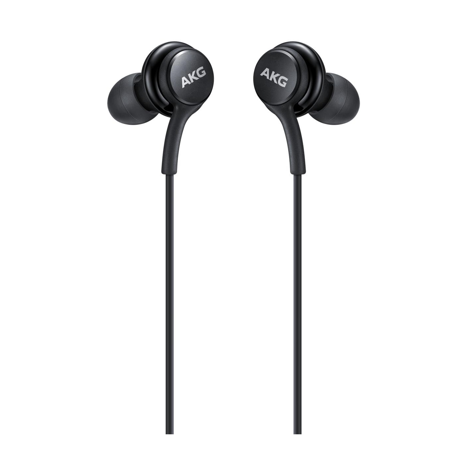Auricolari neri AKG con cavo e auricolari su sfondo bianco.