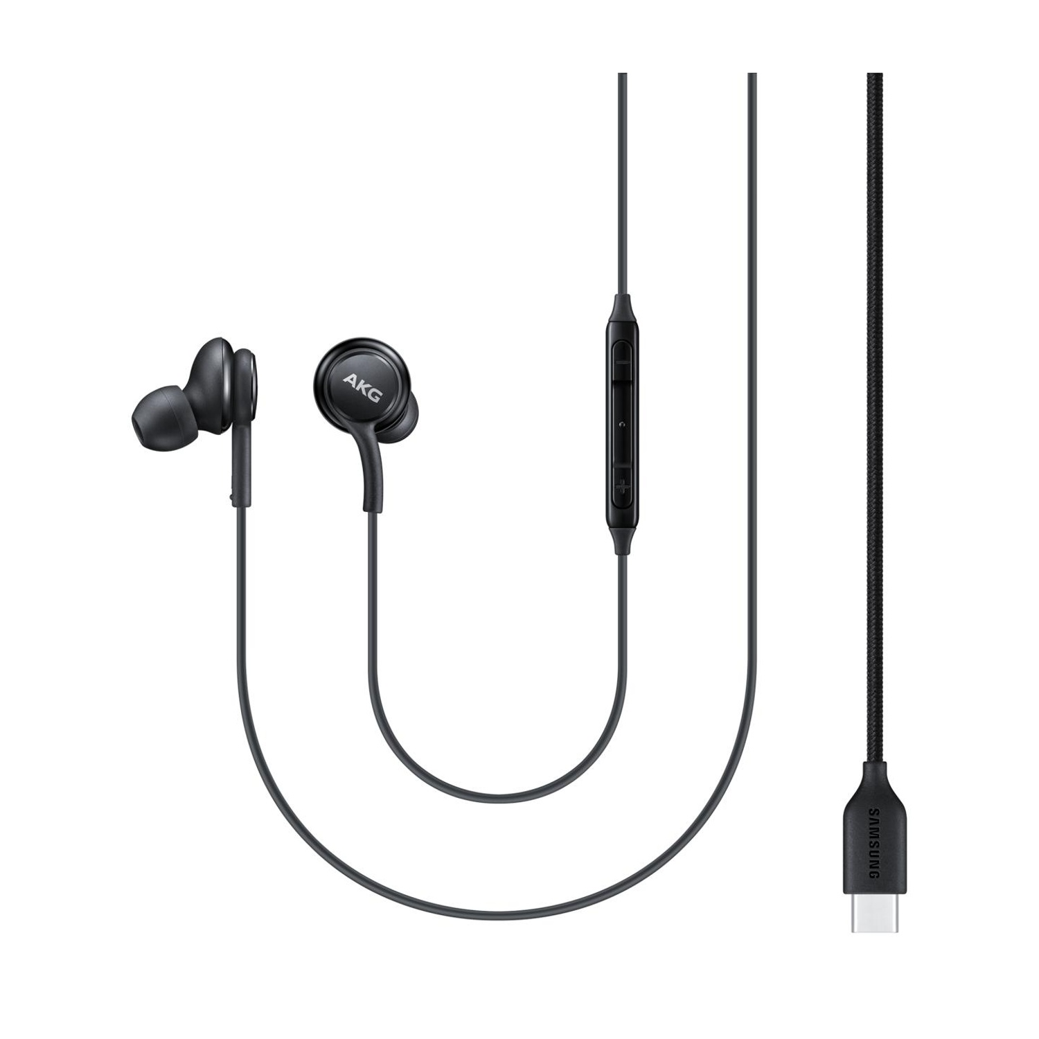 Auricolari AKG neri con connettore USB-C e telecomando.