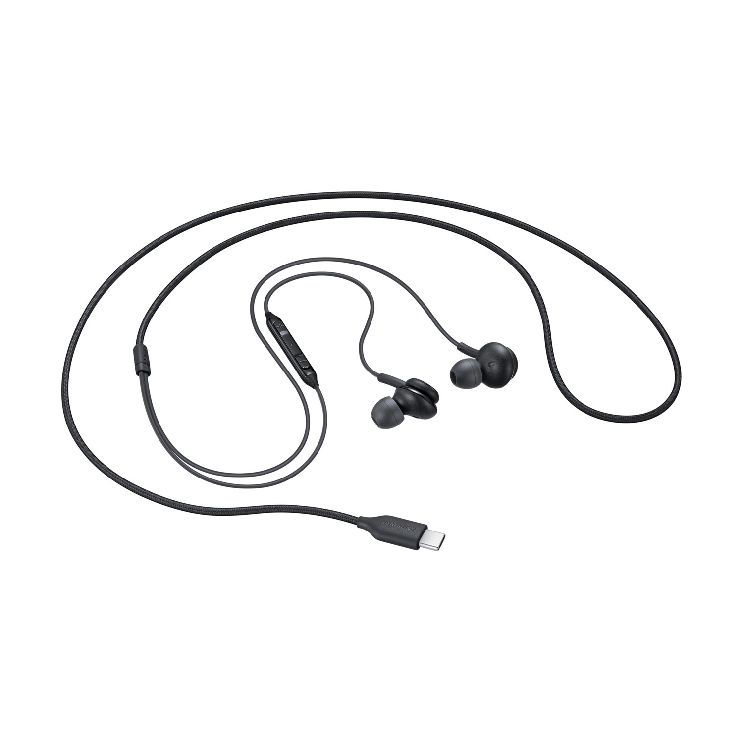 Auricolari neri in-ear con connettore USB-C e telecomando in linea.