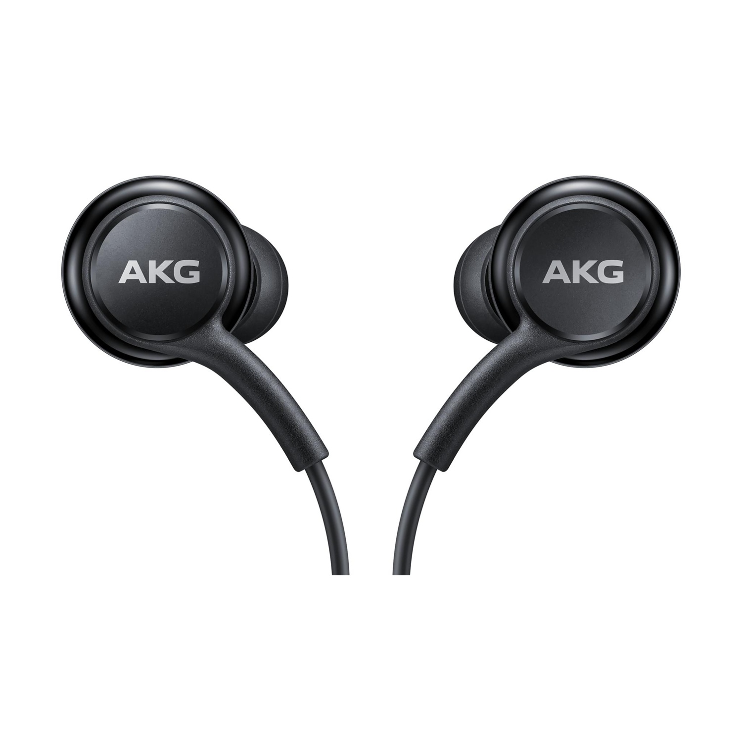 Auricolari neri AKG cablati su sfondo bianco.