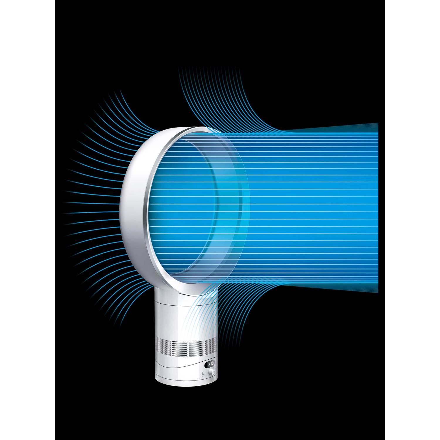 Un ventilatore bianco senza pale con anello argentato, che emette un flusso d'aria blu.