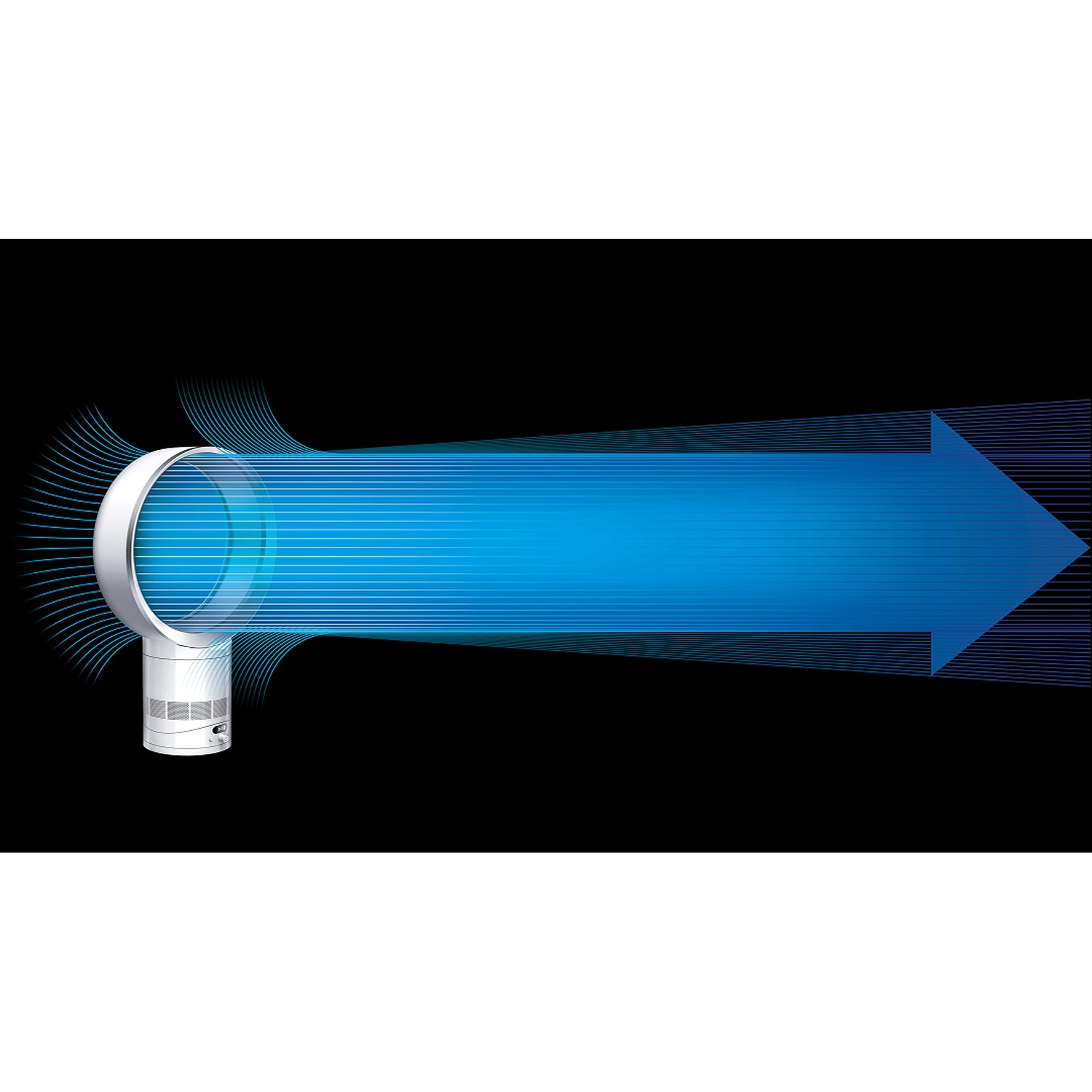 Un ventilatore argentato genera un flusso d'aria blu che si espande come una freccia.