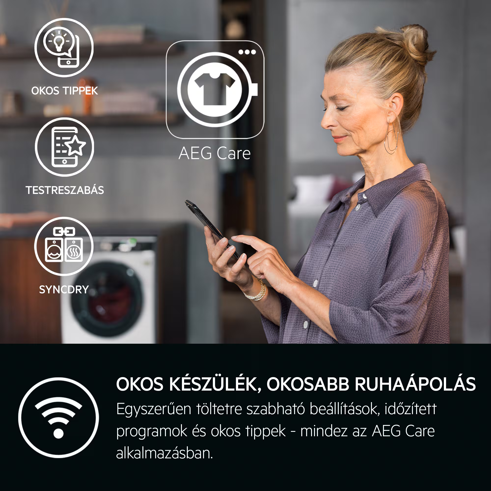 Egy nő telefont tart egy mosógép előtt AEG Care ikonokkal.