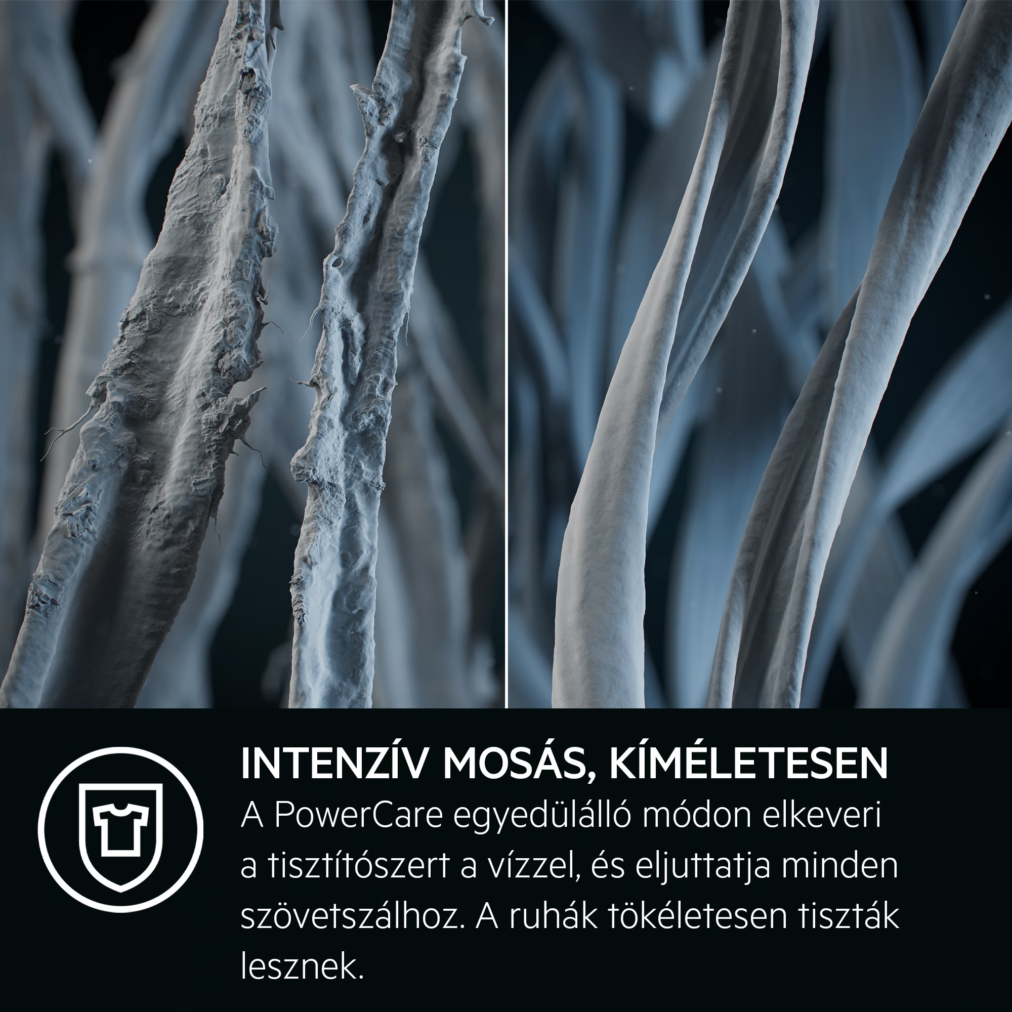 Szövetrostok összehasonlítása: bal oldalon durva, jobb oldalon sima. Póló ikonnal.