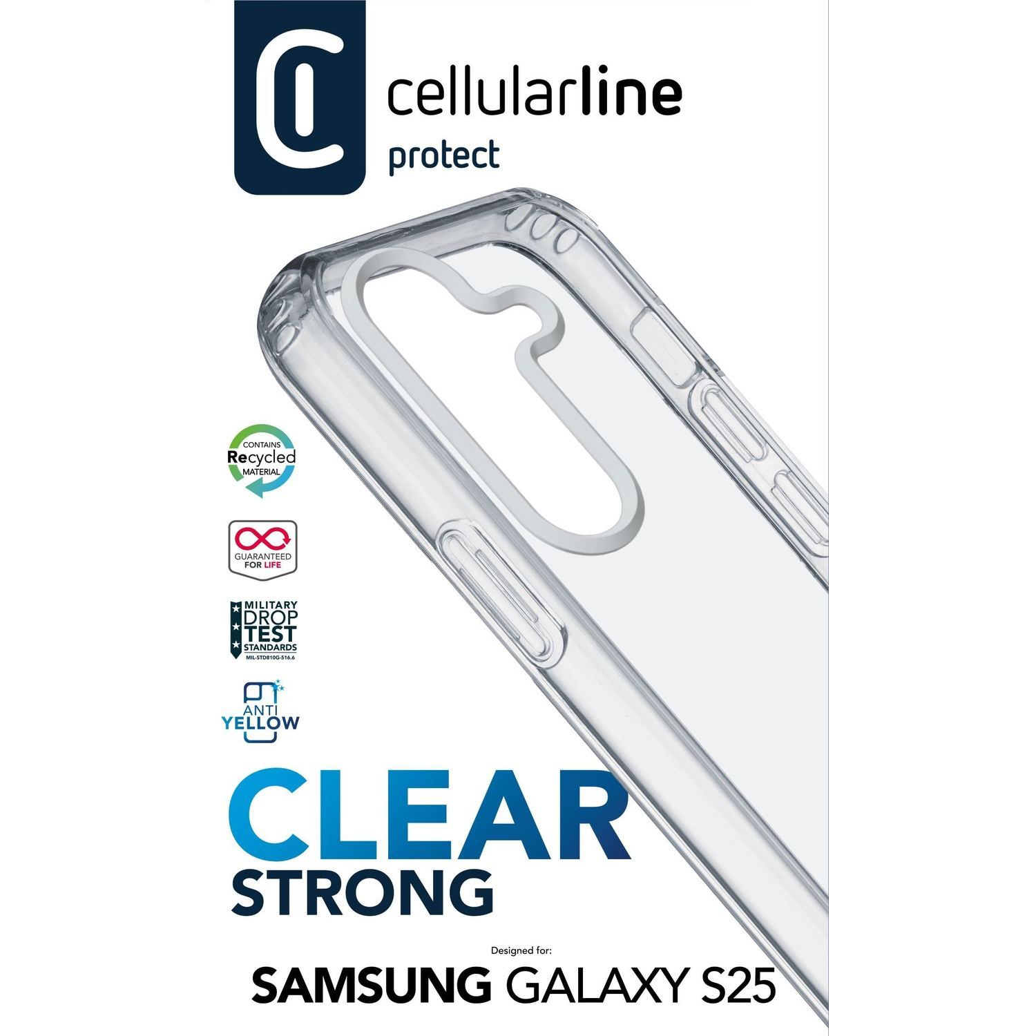 Custodia trasparente per Samsung Galaxy S25 con sigilli riciclati e test caduta militare.