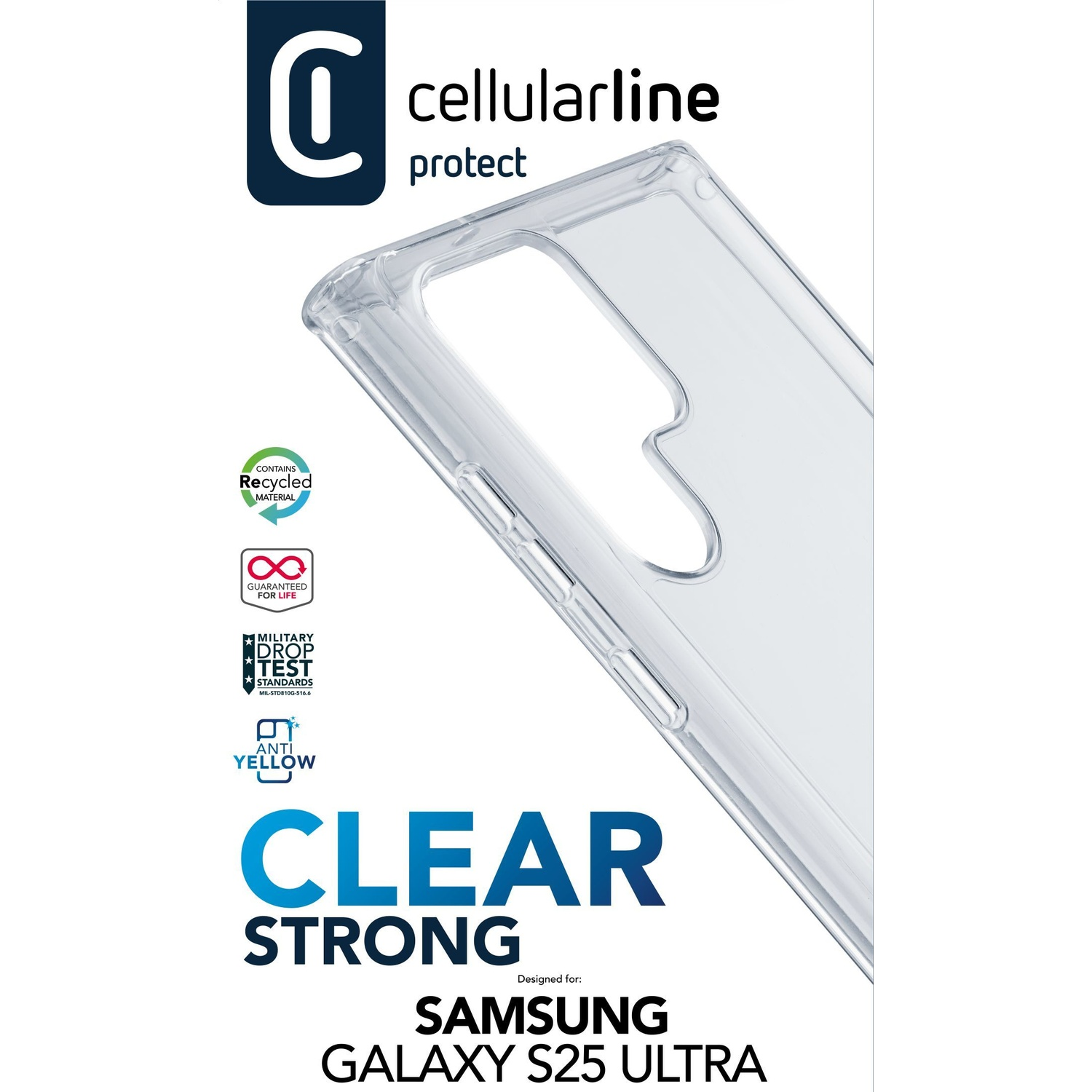 Custodia trasparente per Samsung Galaxy S25 Ultra, riciclata, robusta.