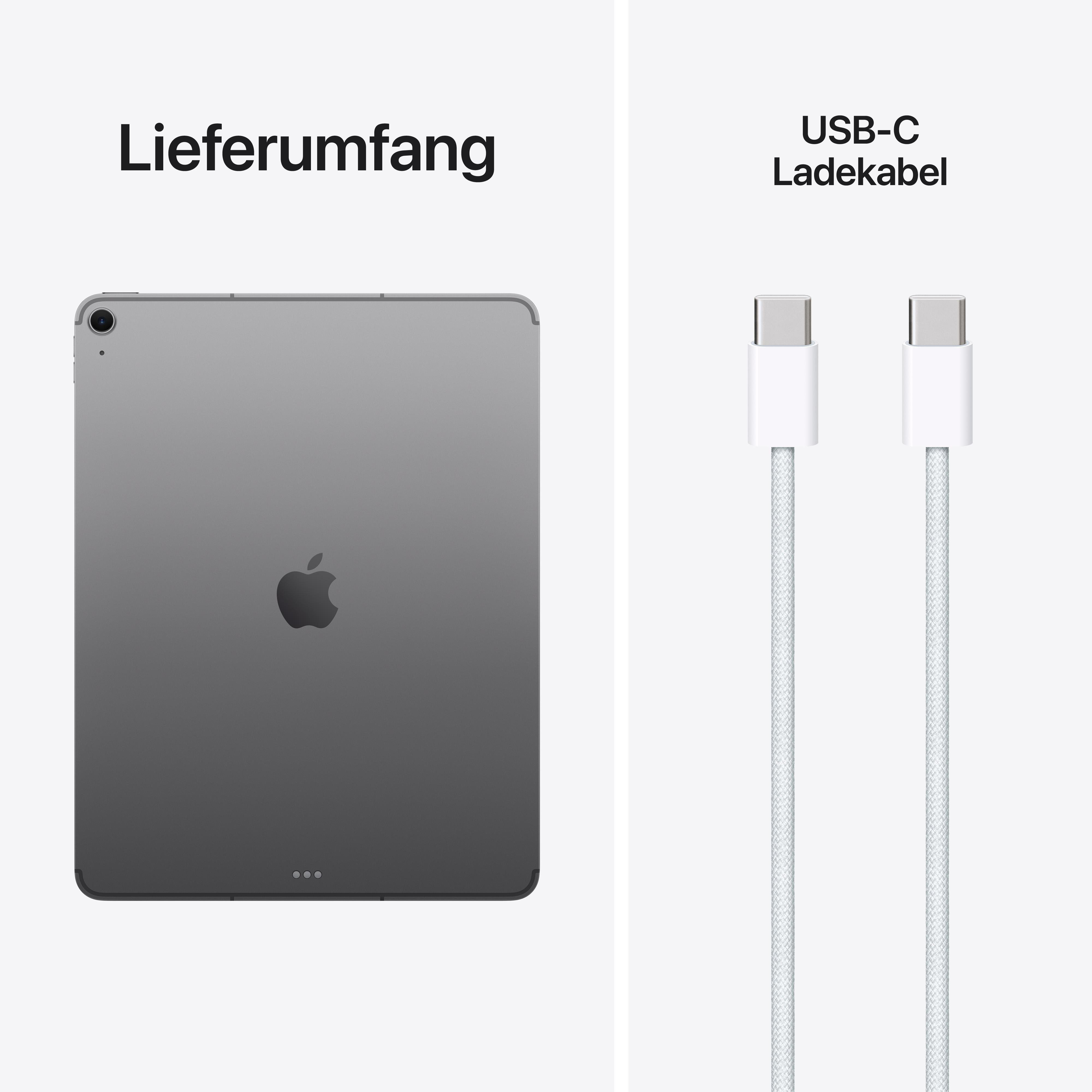 Graues Tablet mit Apple-Logo und zwei weißen USB-C Ladekabeln.