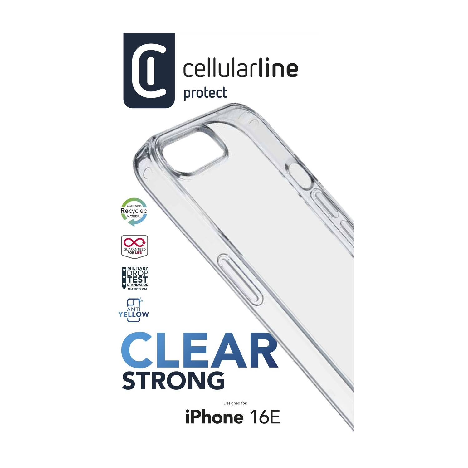 Custodia trasparente per iPhone 16E con testo 'Clear Strong'.