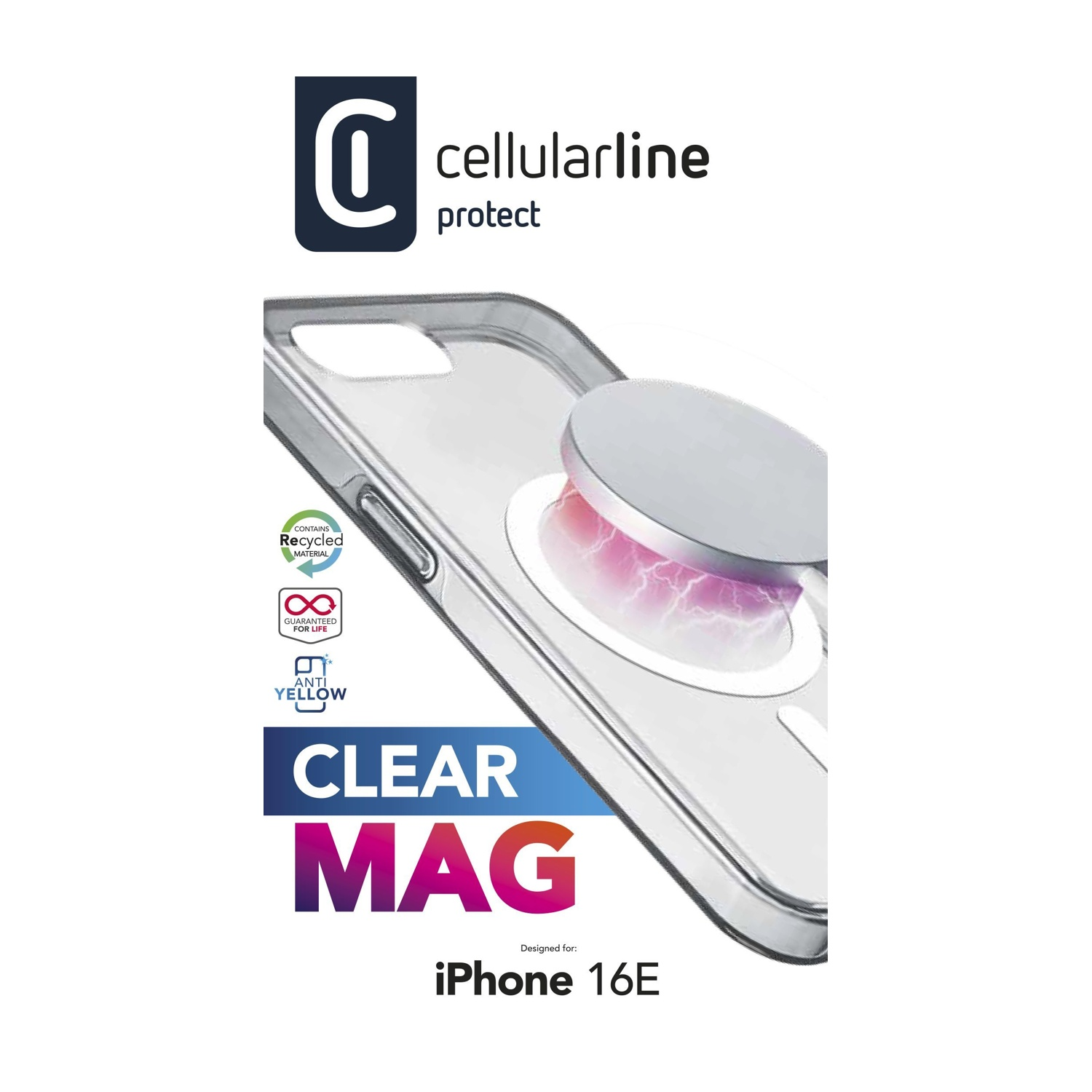 Custodia MagSafe trasparente per iPhone 16E, realizzata con materiale riciclato.