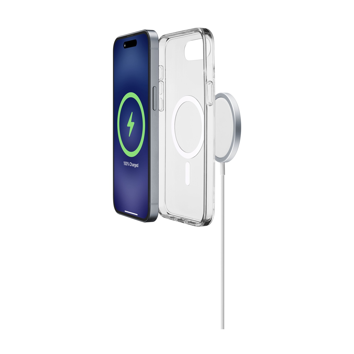Uno smartphone al 100% di carica è mostrato accanto a una custodia e un caricabatterie.