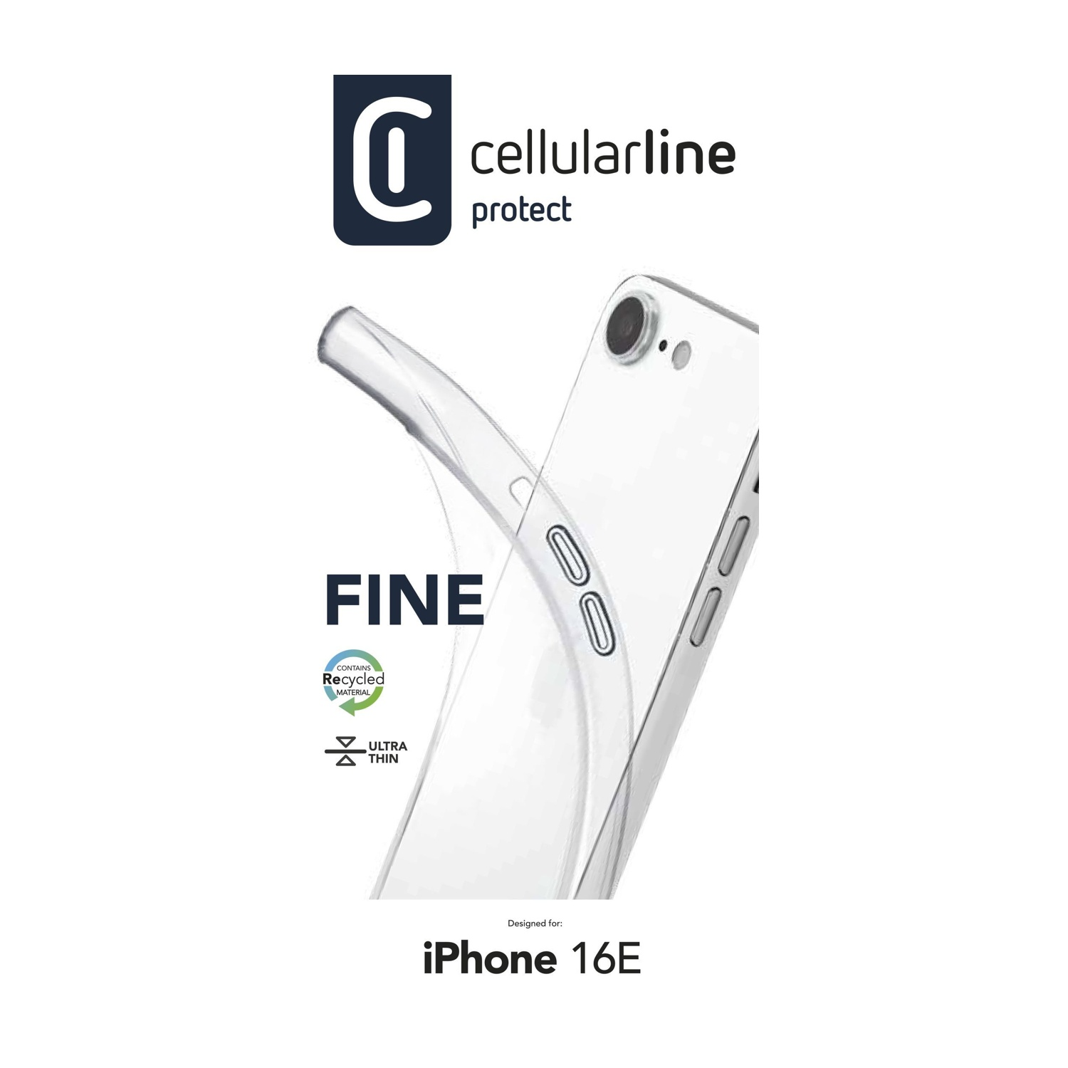 Custodia trasparente per iPhone 16E con logo e testo.