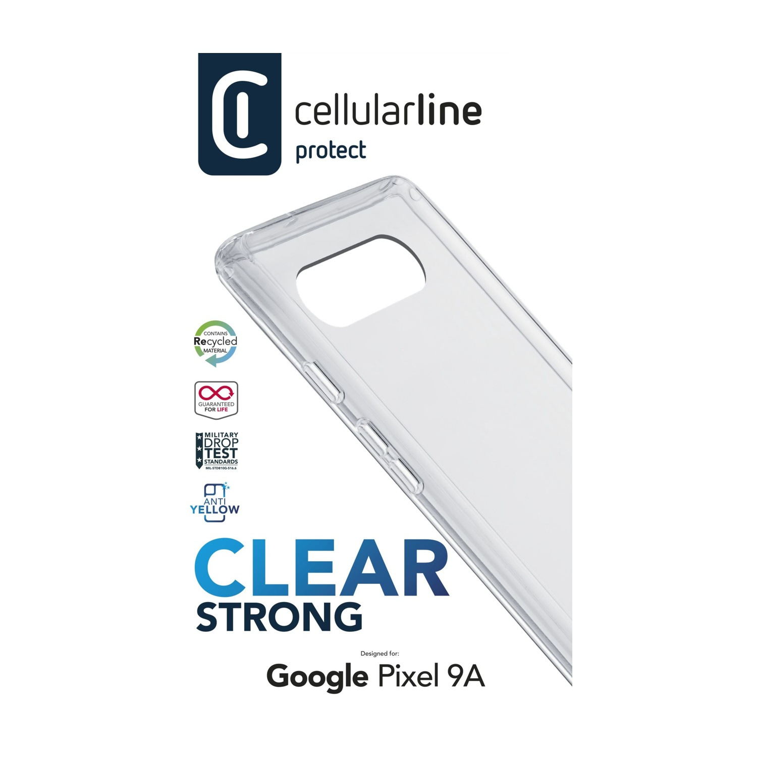 Custodia protettiva trasparente per Google Pixel 9A con testo "Clear Strong".
