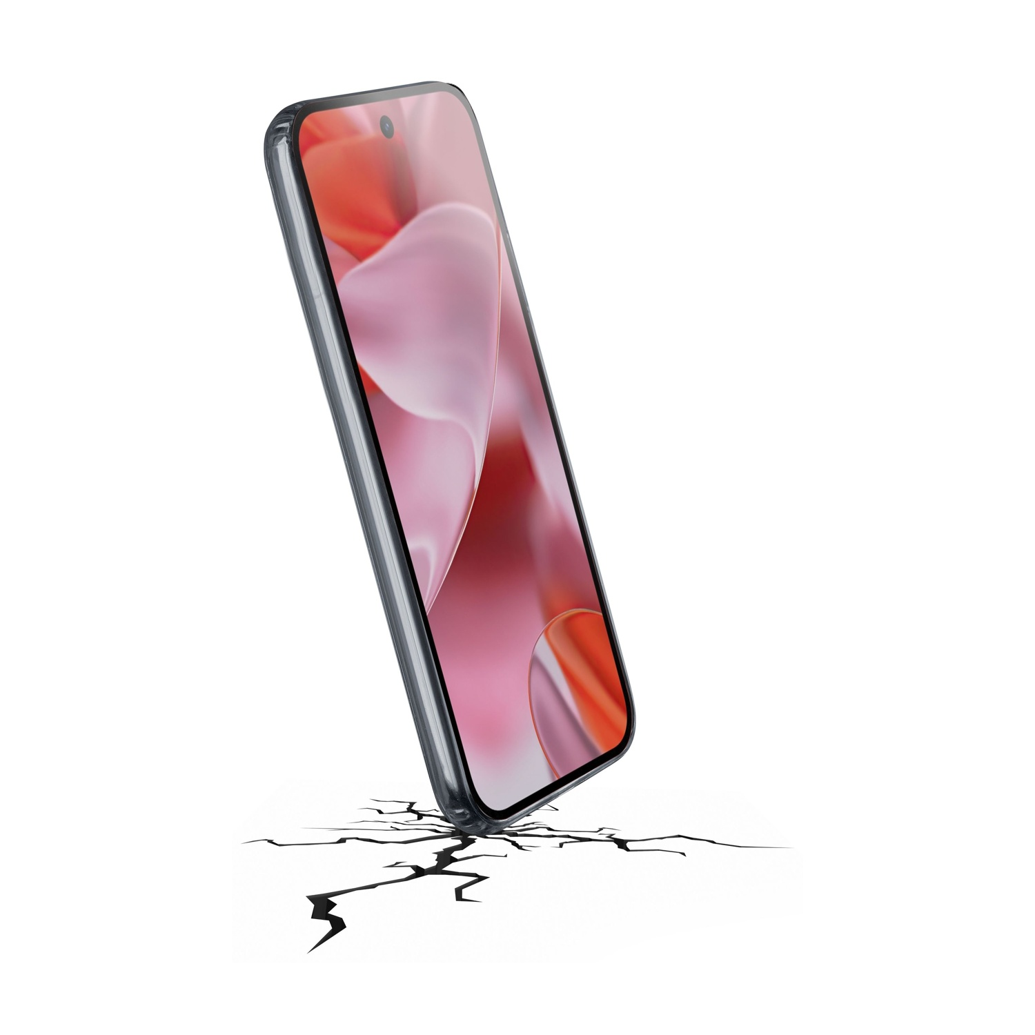 Uno smartphone che cade, lasciando crepe sul terreno.