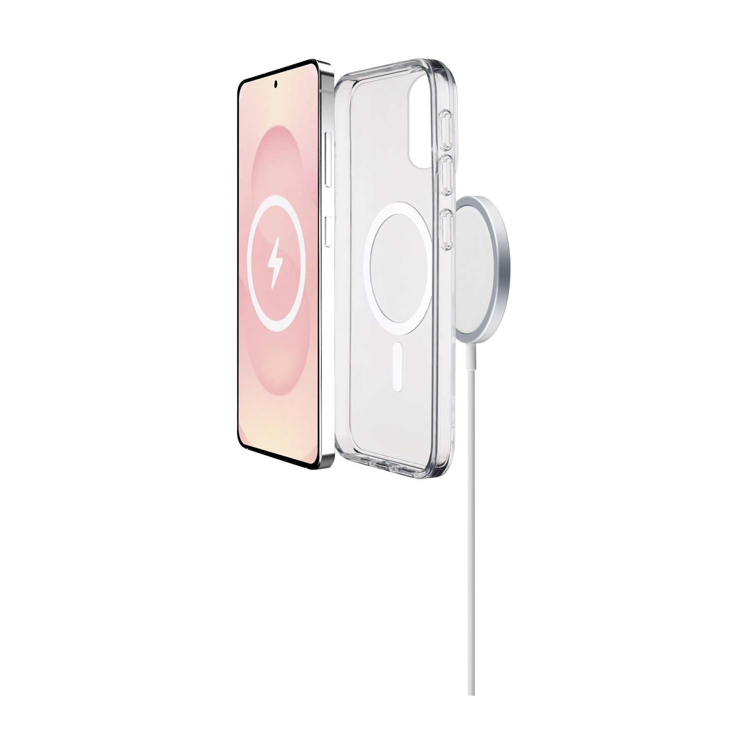 Una cover trasparente per telefono con telefono e caricabatterie.