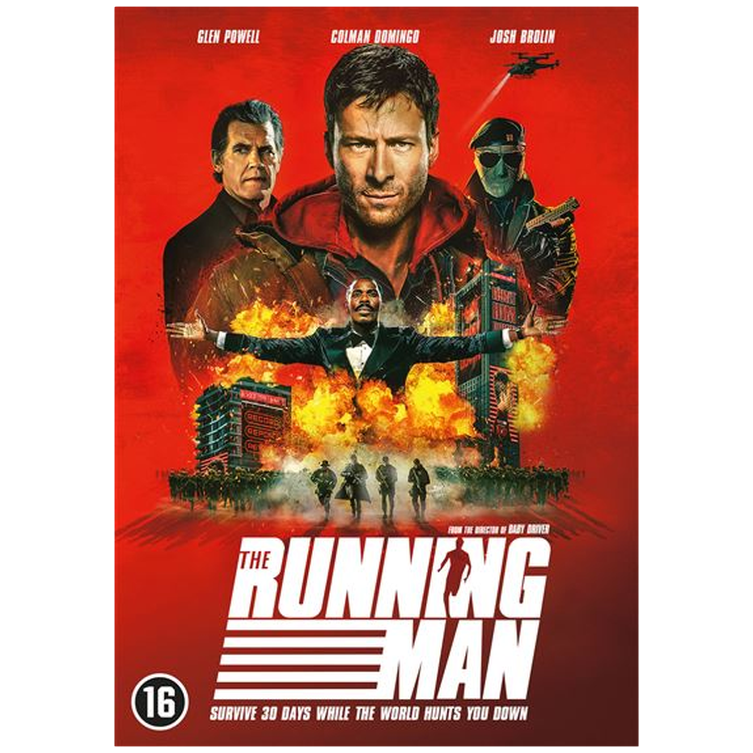 Film affiche met drie mannen, explosies en de titel 'The Running Man'.