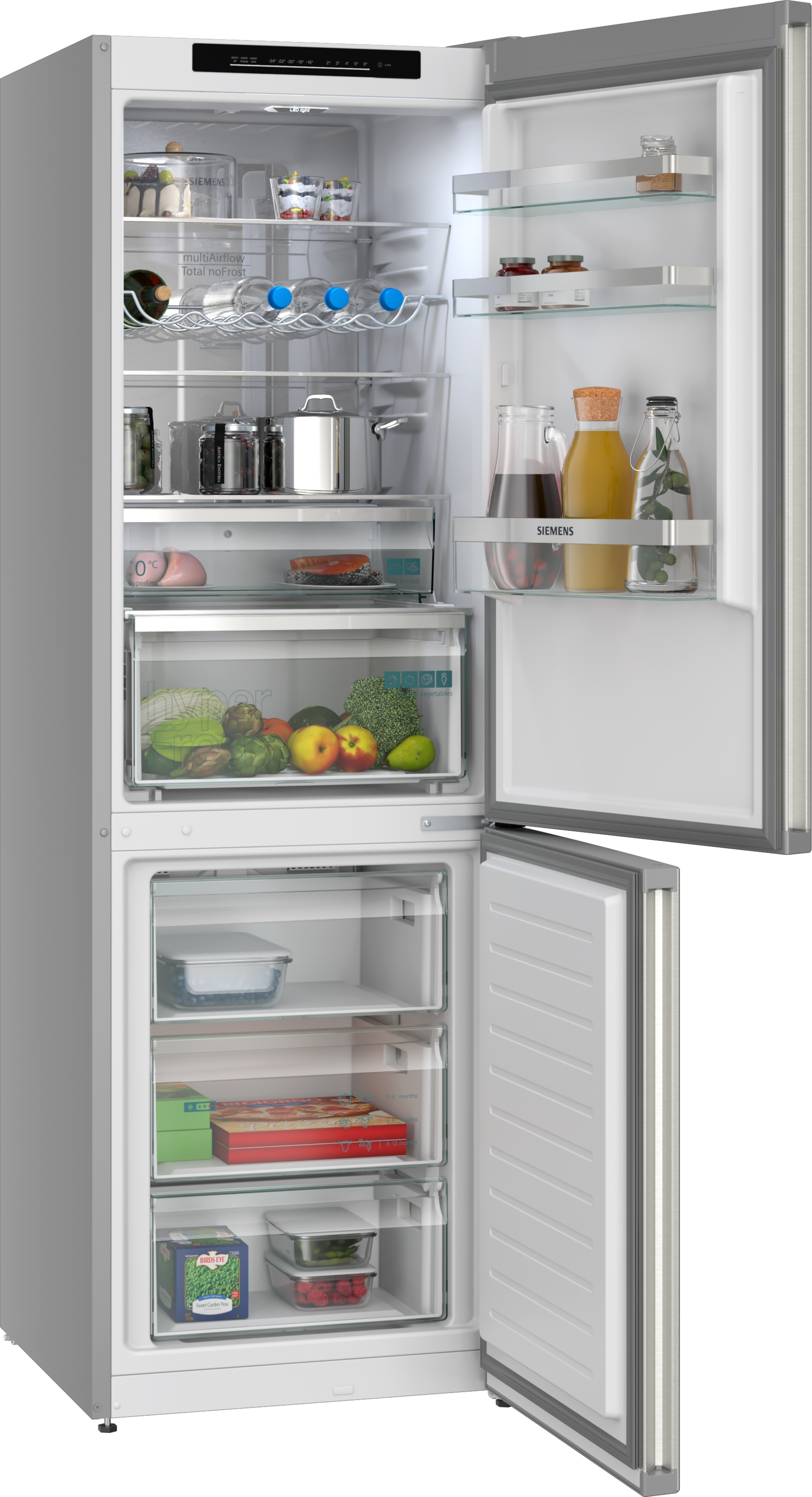 Ein offener Siemens-Kühlschrank mit Lebensmitteln wie Obst, Gemüse, Getränken und gefrorenen Speisen.