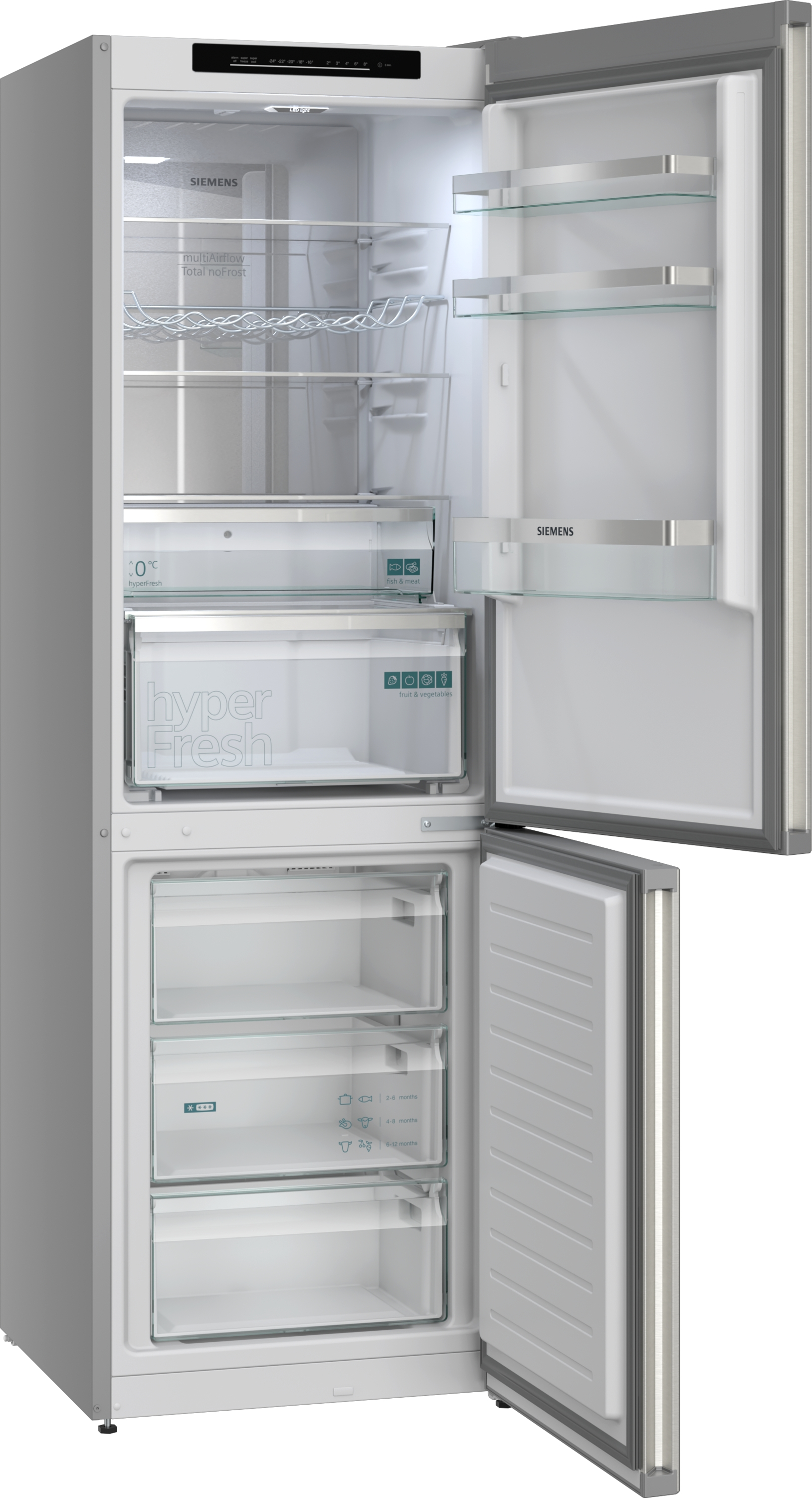 Ein offener Siemens Kühlschrank mit mehreren Glasablagen und Schubladen.