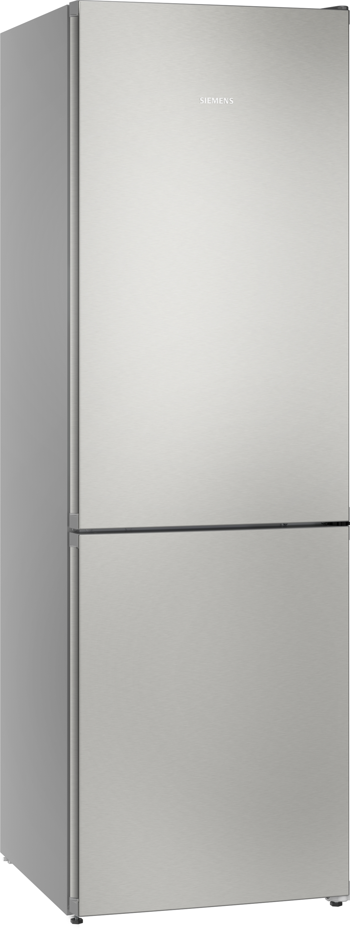 Ein silberner Siemens Kühlschrank mit zwei Türen, einem Gefrierfach oben.