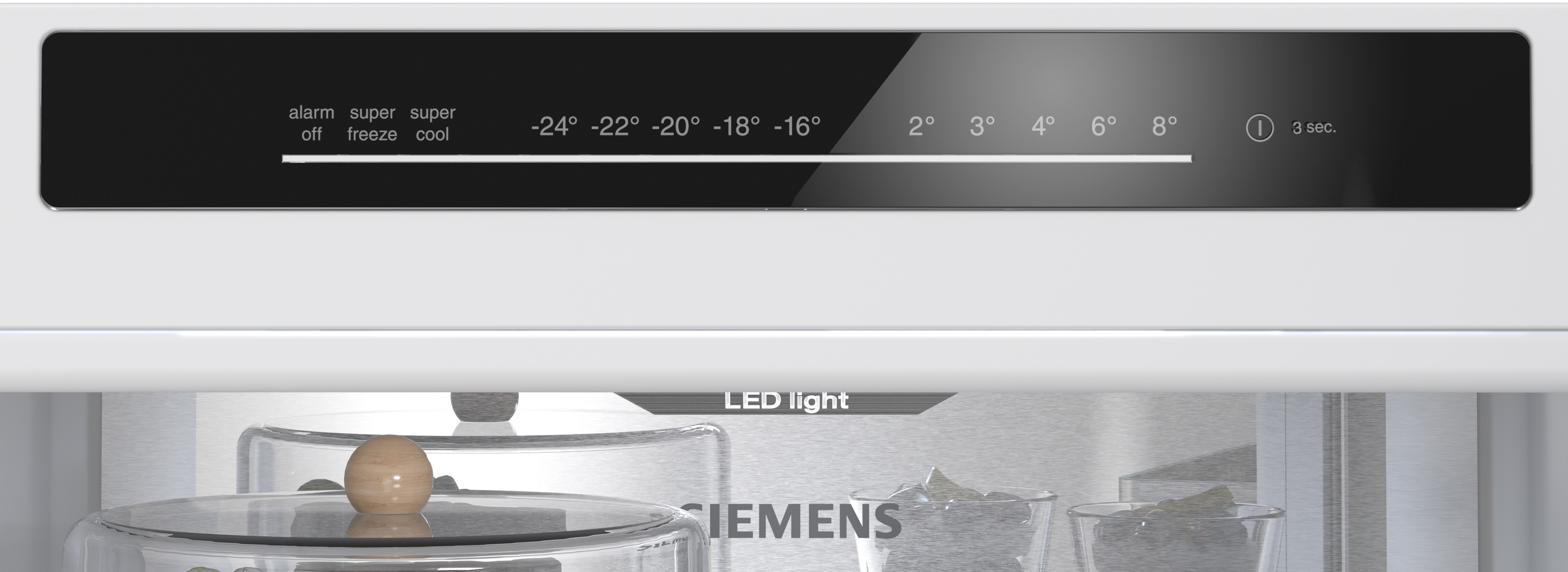 Kühlerdisplay zeigt Temperaturen von -24° bis 8° und Funktionen wie Alarm, Super Freeze, Super Cool.