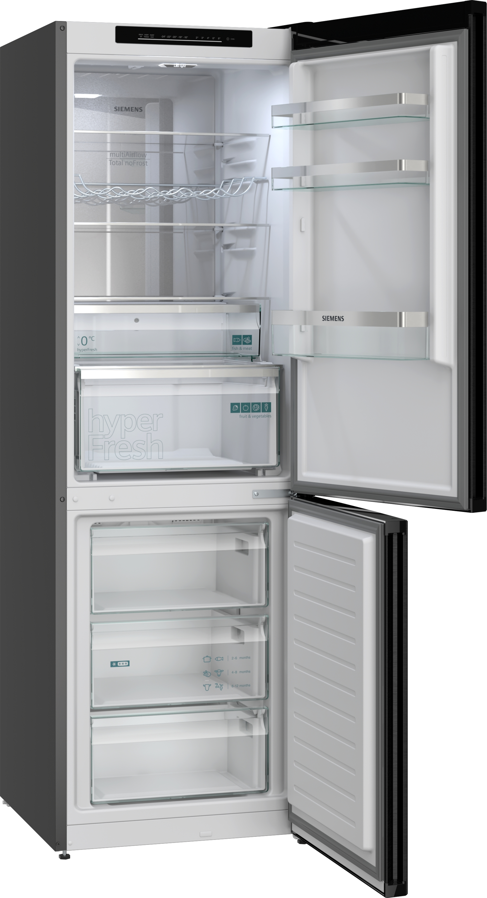 Ein offener Siemens Kühlschrank mit Glasablagen, Schubladen und LED-Beleuchtung.