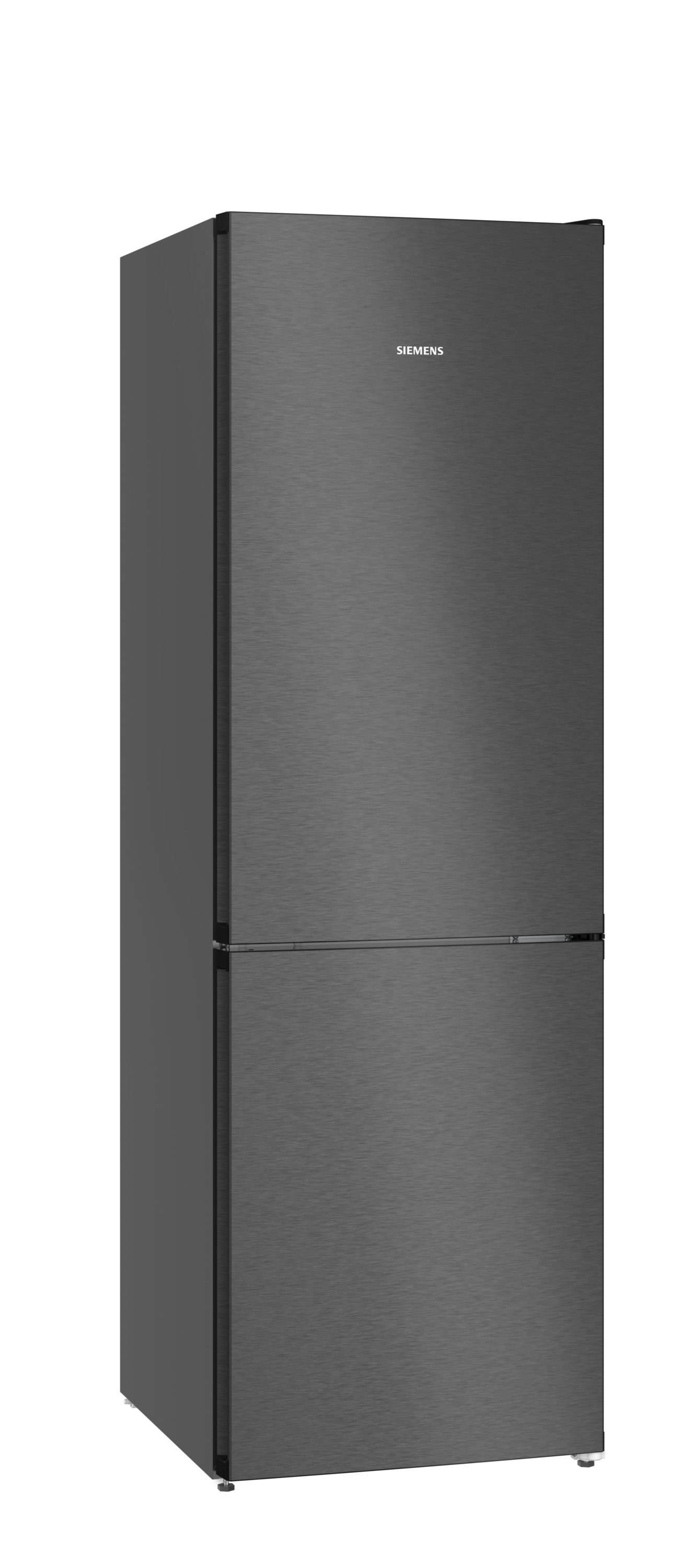 Ein grauer Siemens Kühlschrank mit zwei Türen, freistehend.