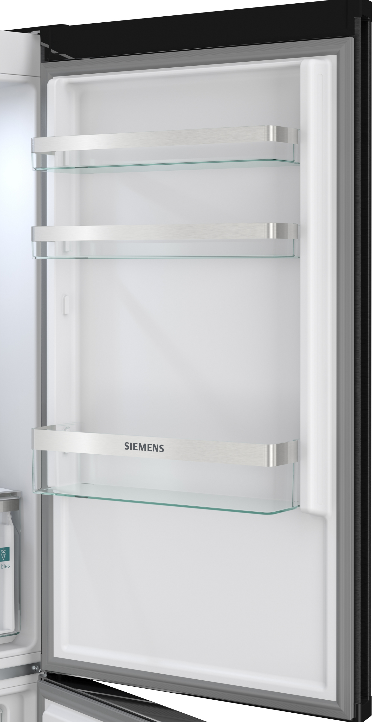 Innenansicht eines leeren Kühlschranks mit Glasböden und Siemens-Logo.