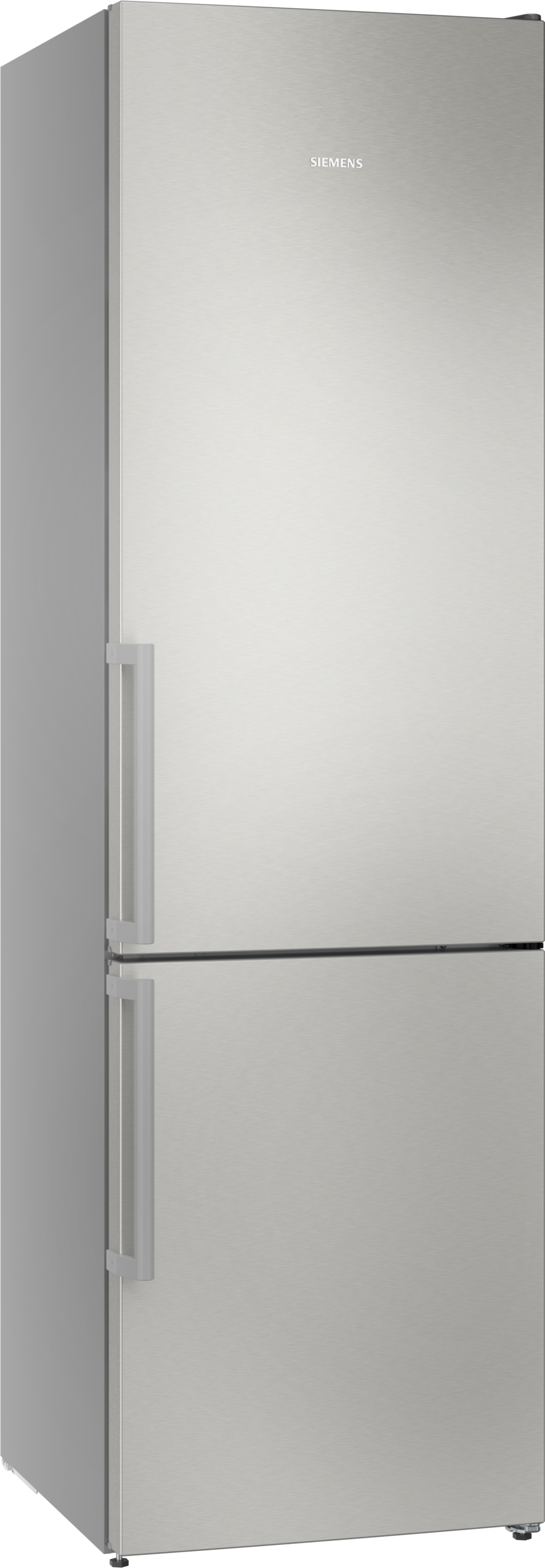 Ein silberner Siemens-Kühlschrank mit zwei Türen und Griffen.