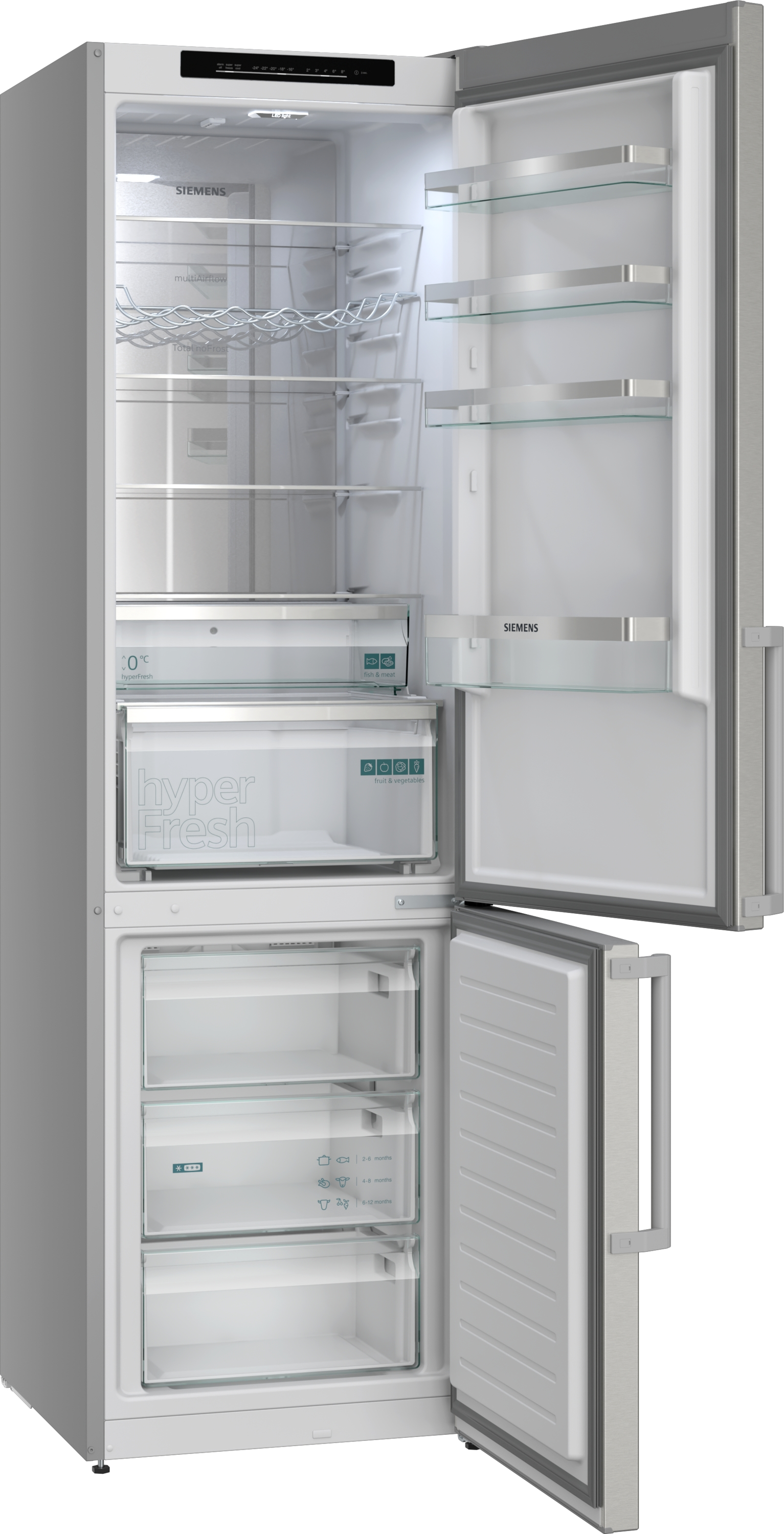 Ein offener Siemens Kühlschrank mit Glasböden und Schubladen.