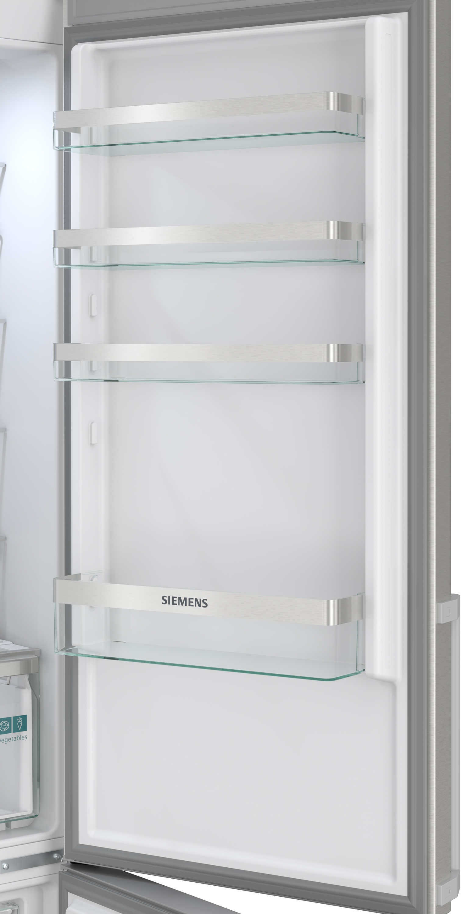 Ein offener Kühlschrank mit Glasböden und SIEMENS-Logo.