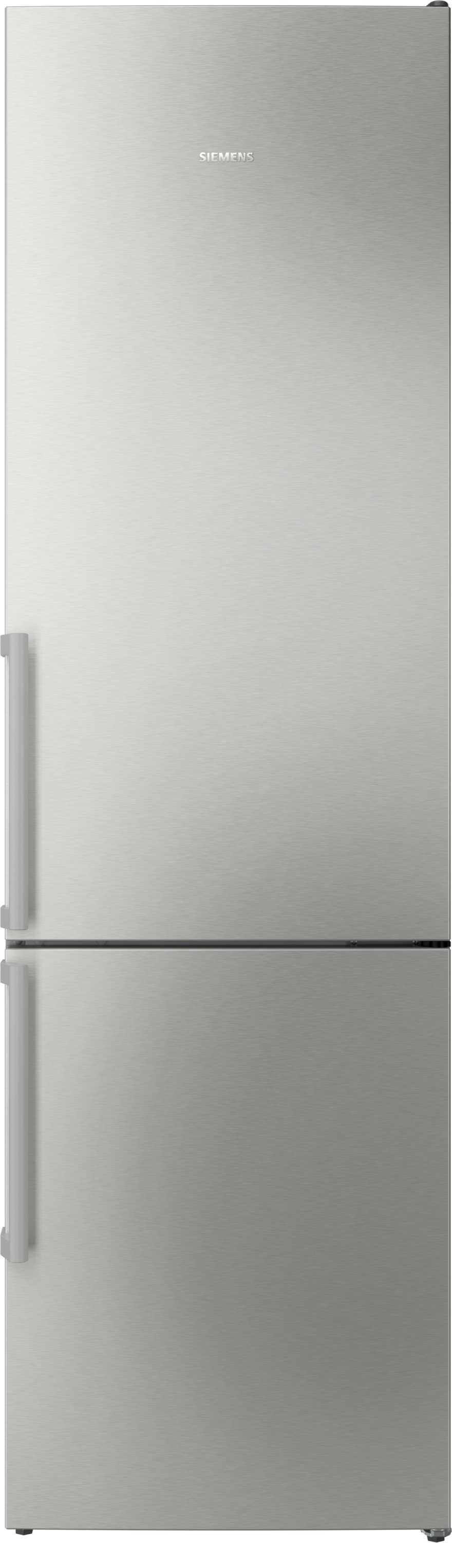 Ein silberner Siemens Kühlschrank mit zwei Türen und Griffen.
